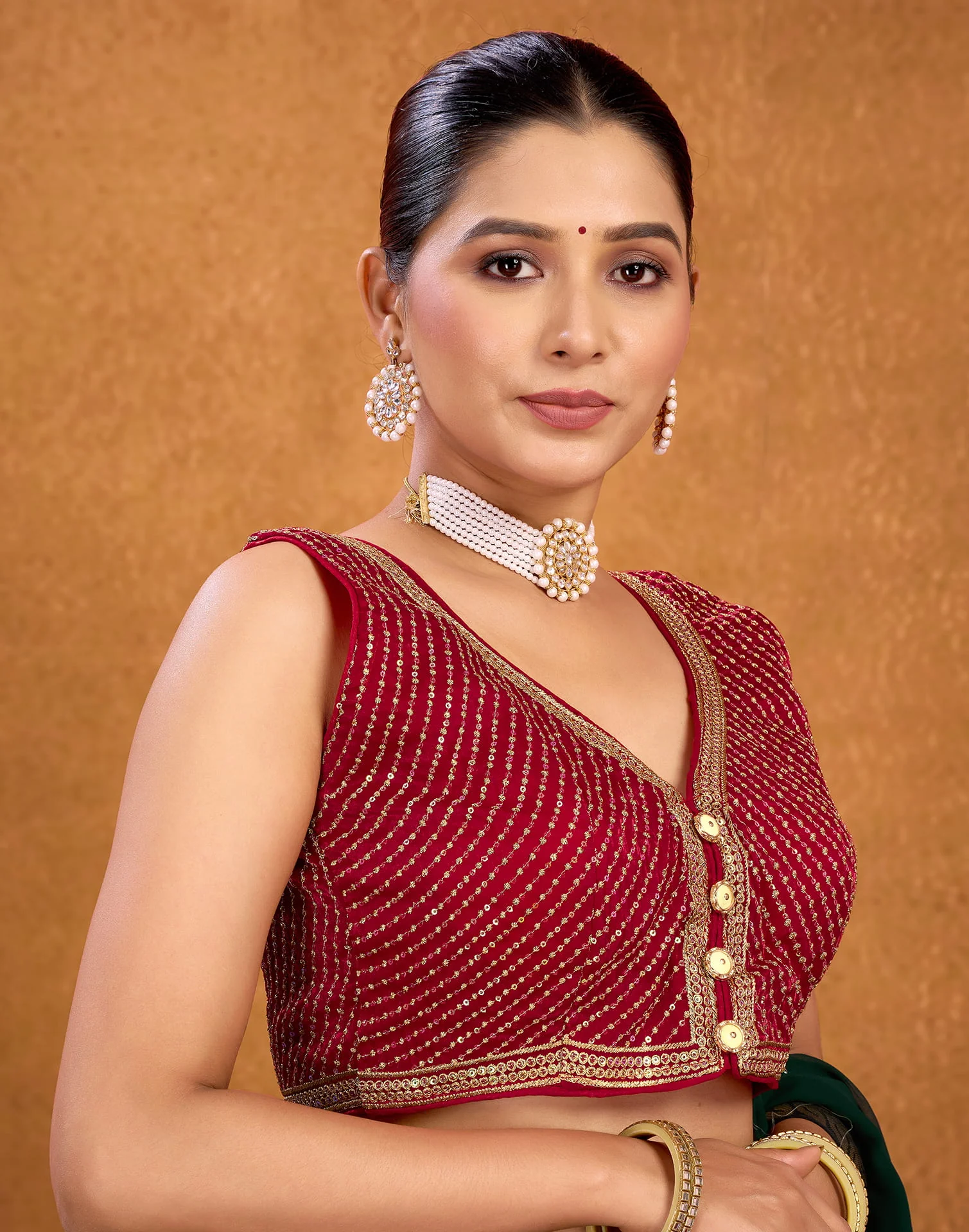 Red Chiffon Plain Embroidery Blouse - Image 5
