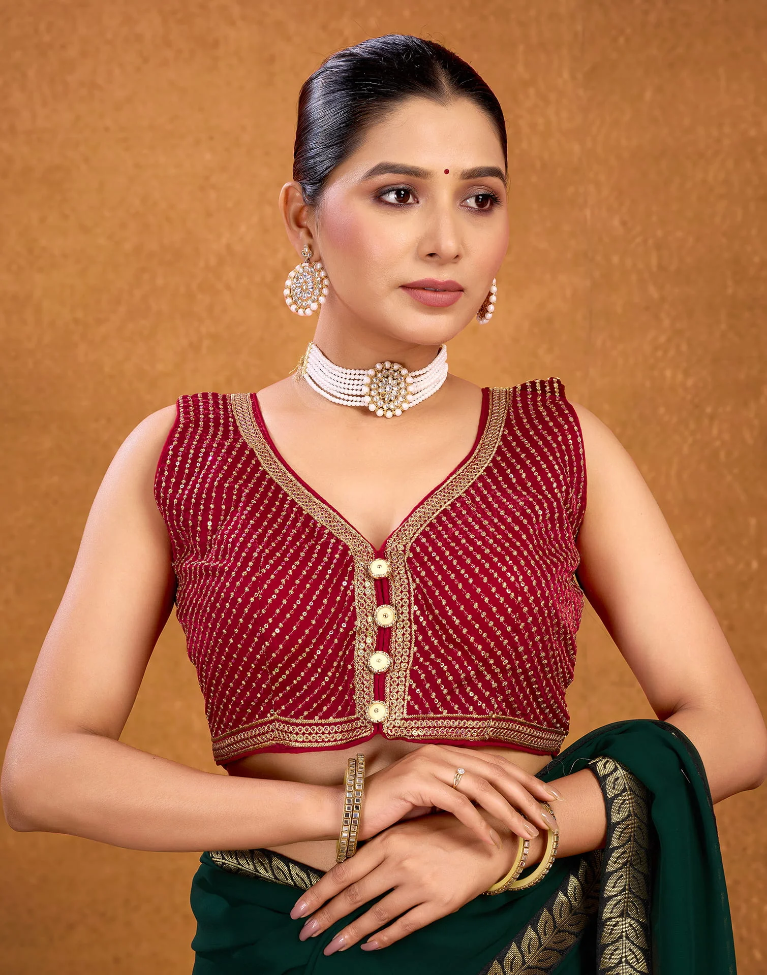Red Chiffon Plain Embroidery Blouse - Image 6