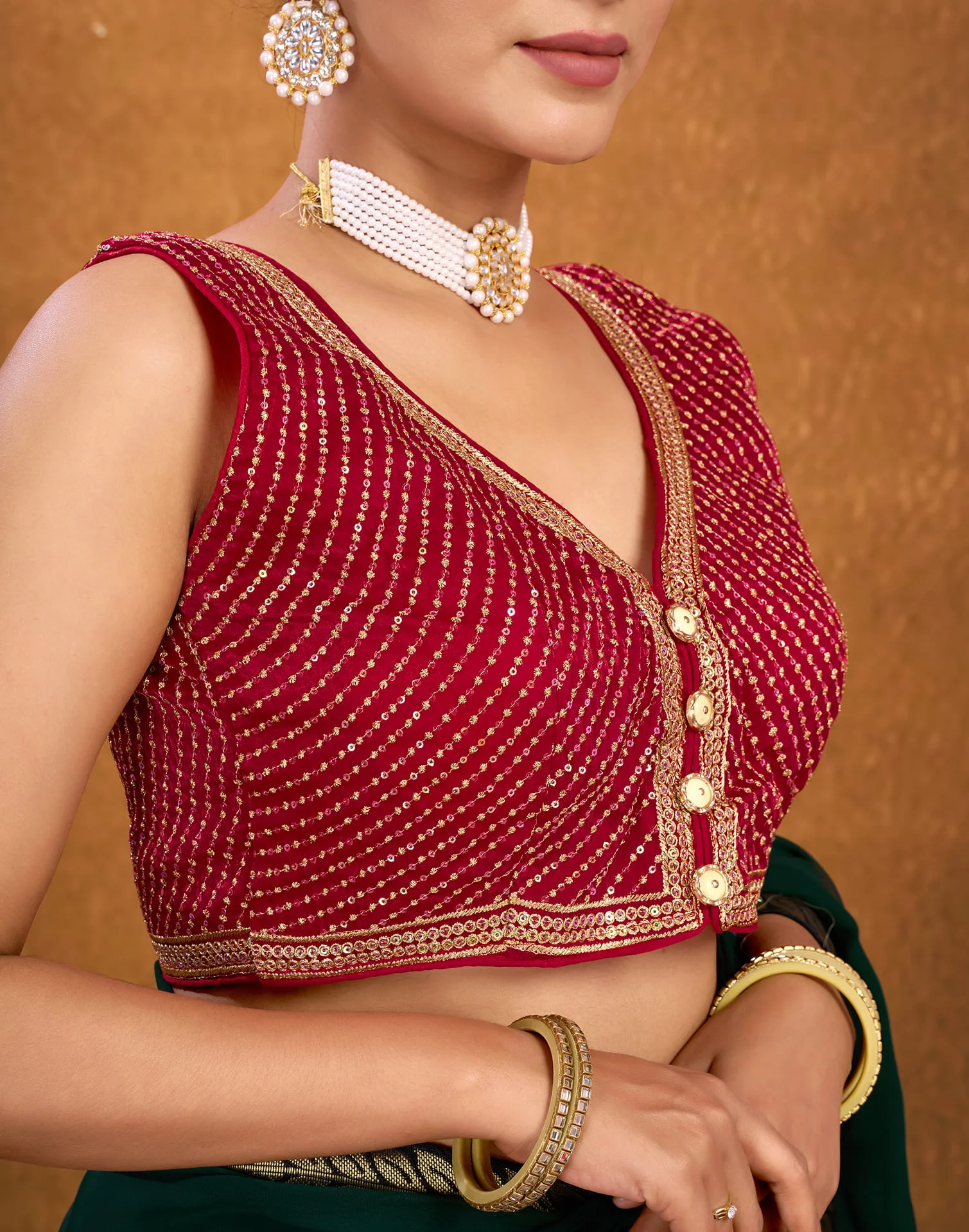 Red Chiffon Plain Embroidery Blouse - Image 7