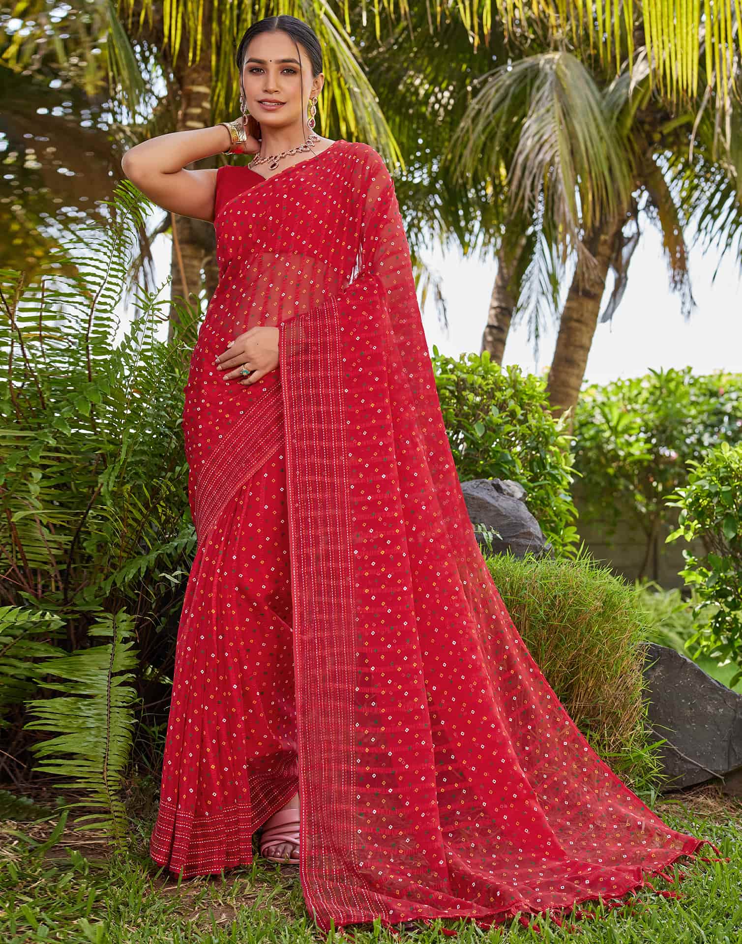 Red Chiffon Printed Bandhani Saree - Image 9