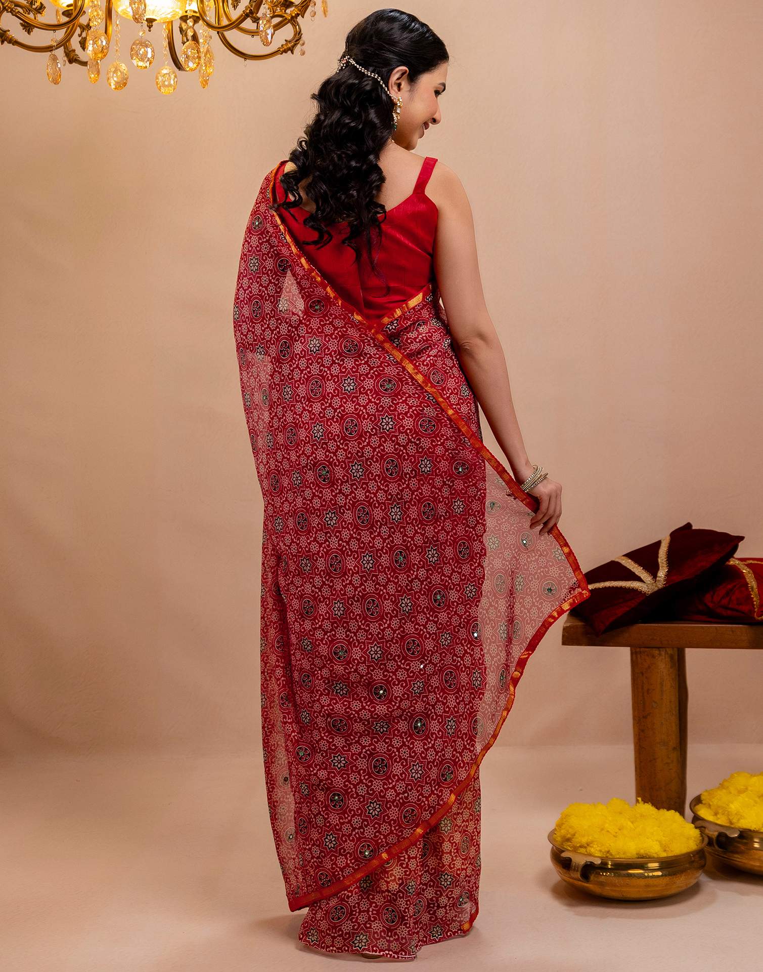 Red Chiffon Printed Saree - Image 8