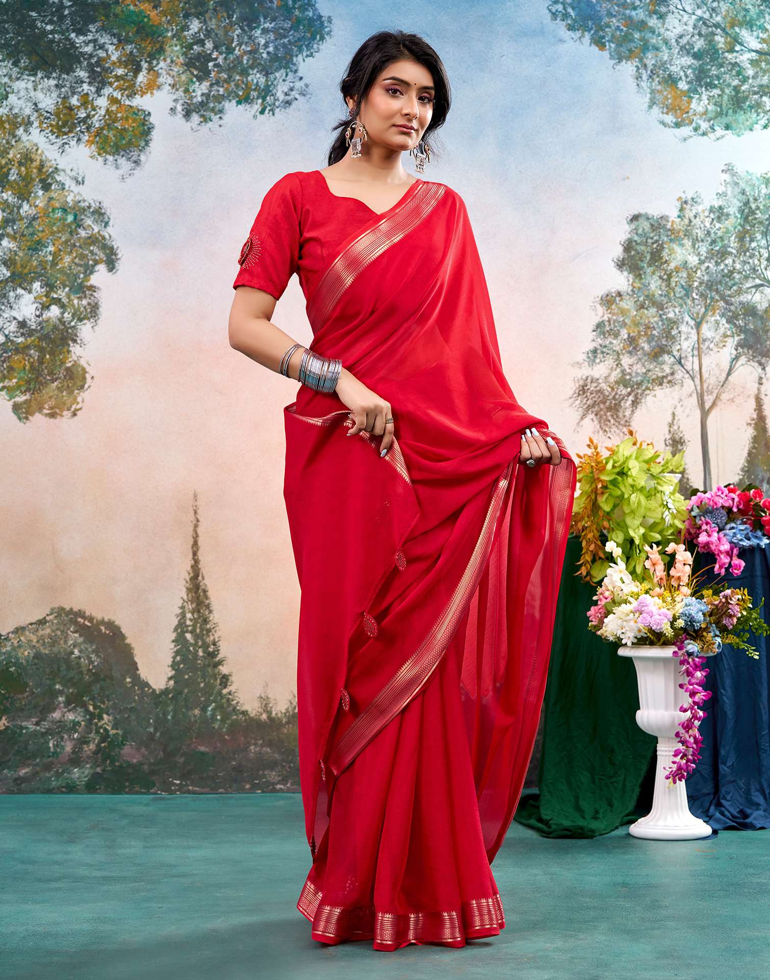 Red Chiffon Woven Border Saree