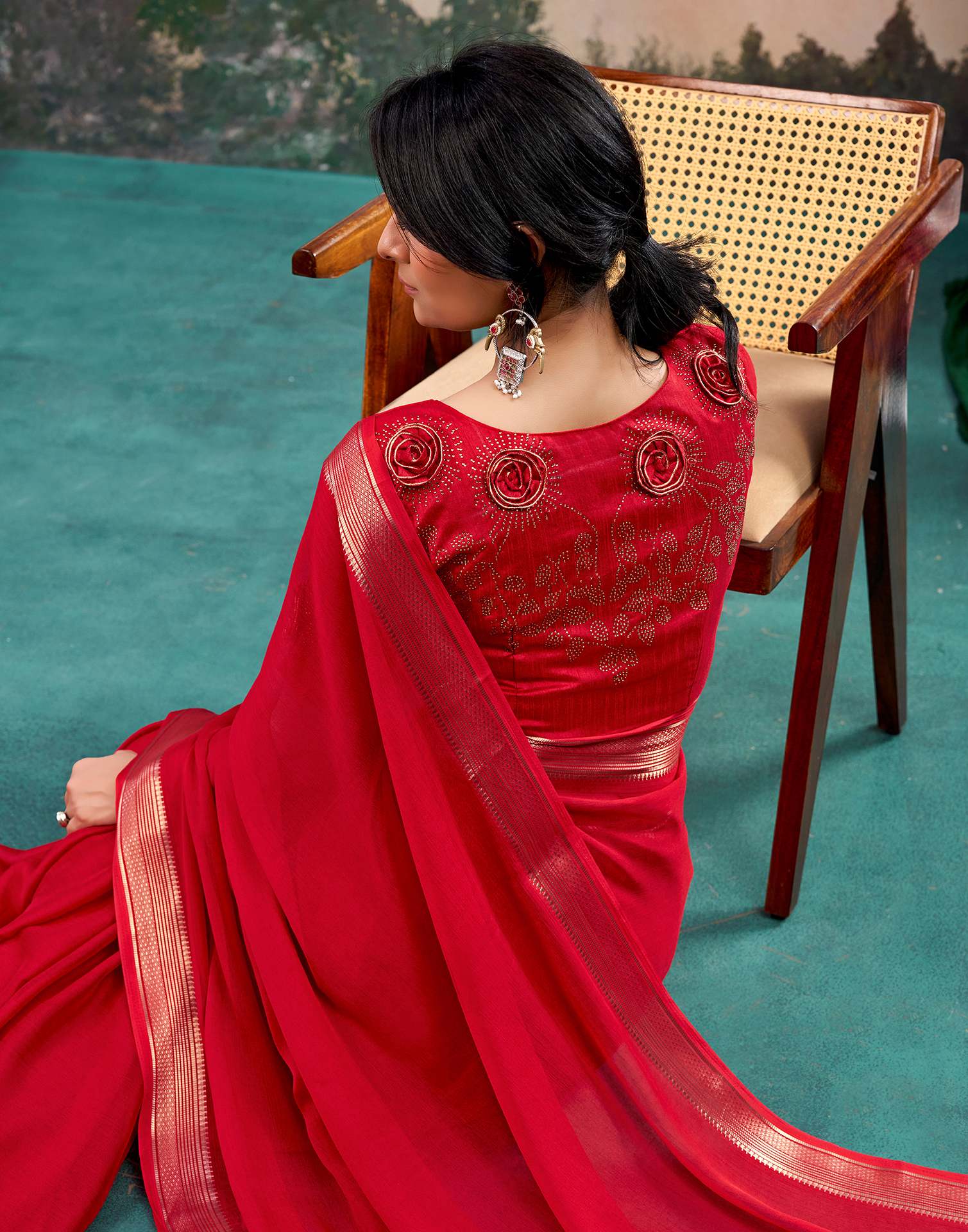 Red Chiffon Woven Border Saree - Image 5