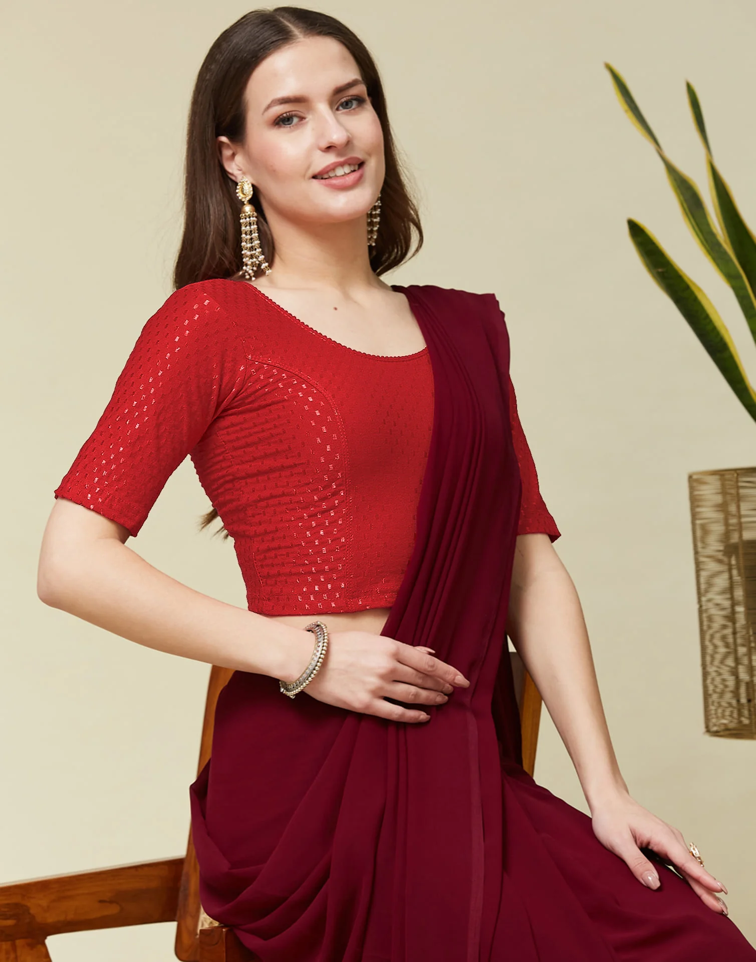 Red Cotton Dyed Self Woven Blouse - Image 2