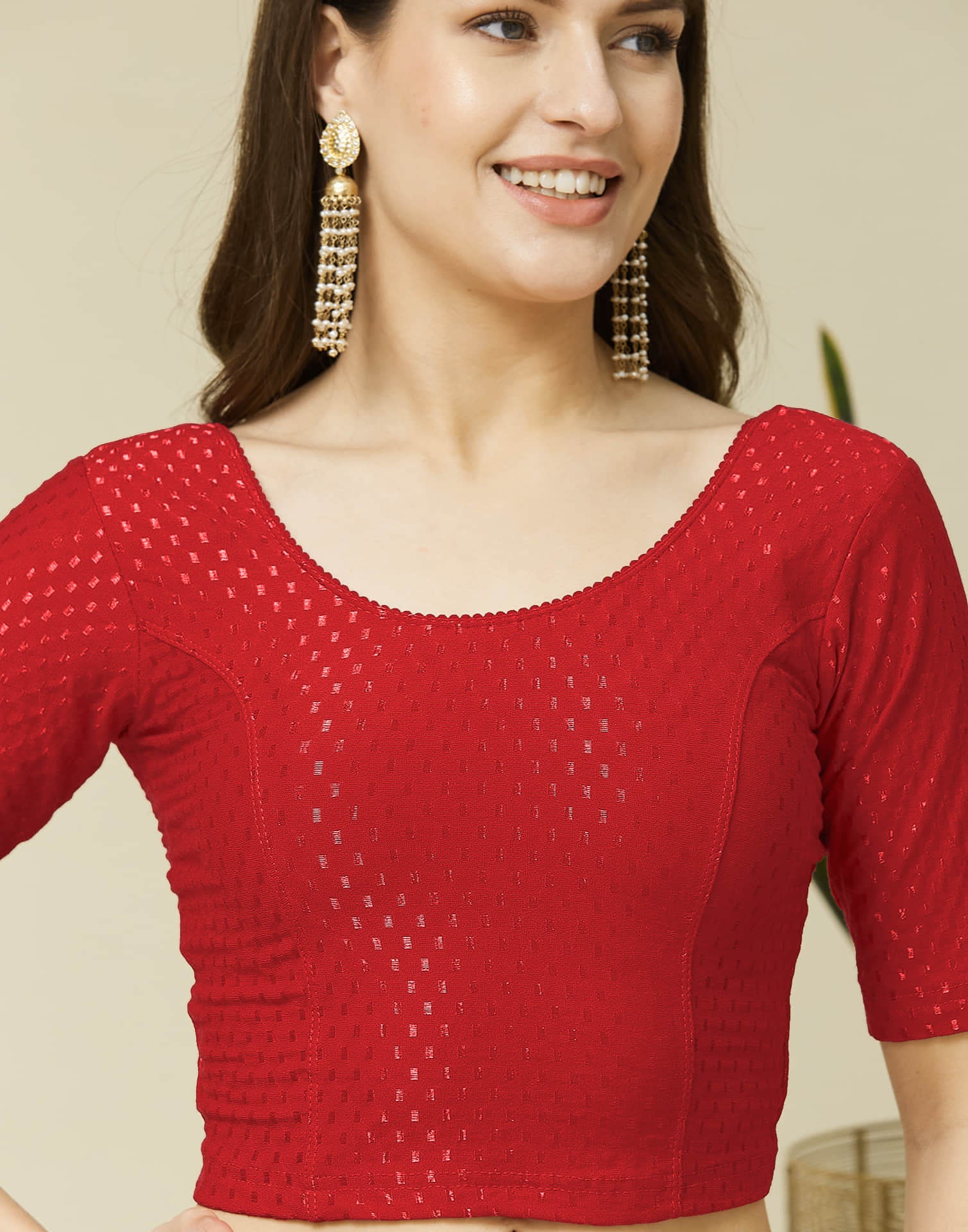 Red Cotton Dyed Self Woven Blouse - Image 5