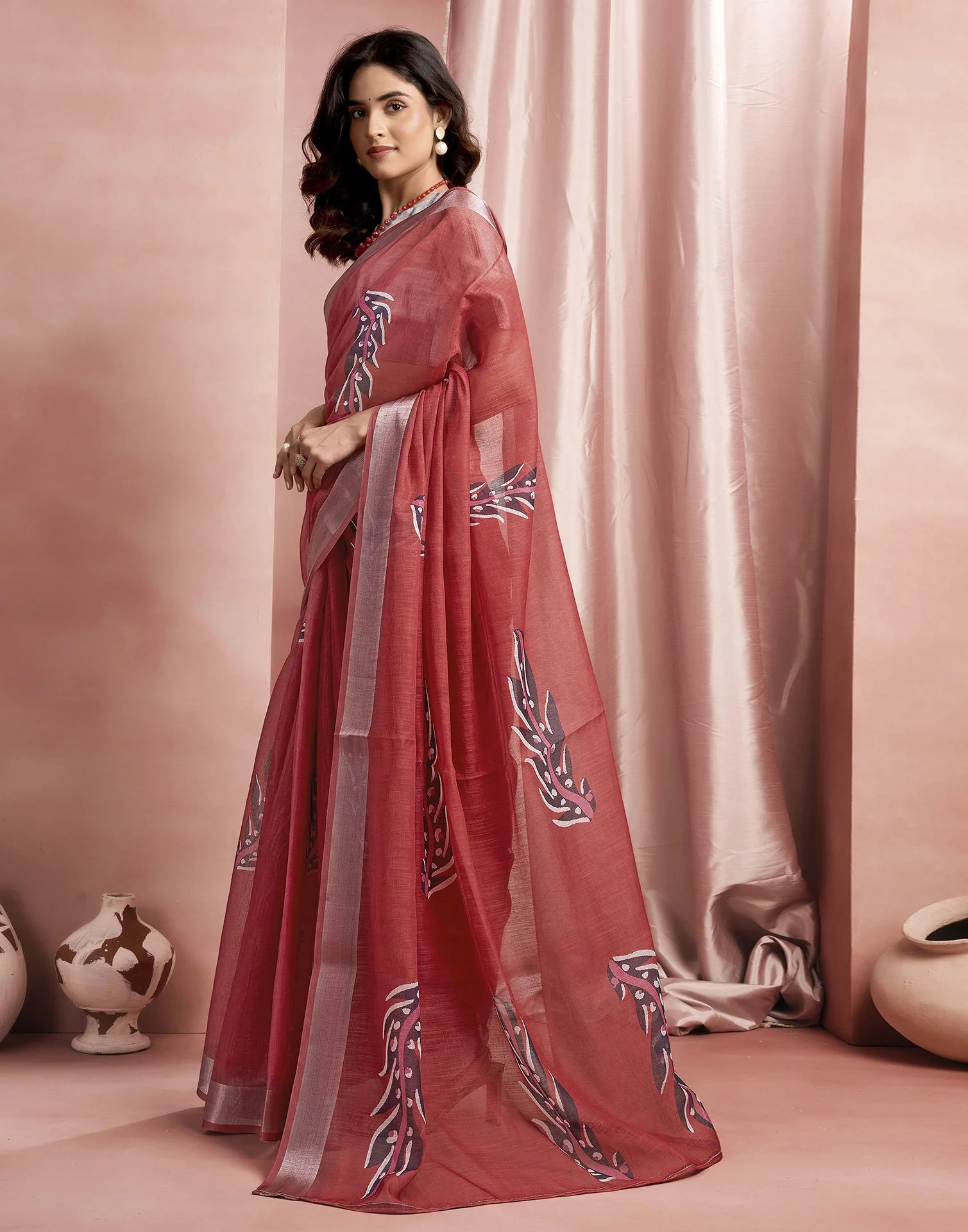 Red Cotton Linen Printed Saree - Image 4