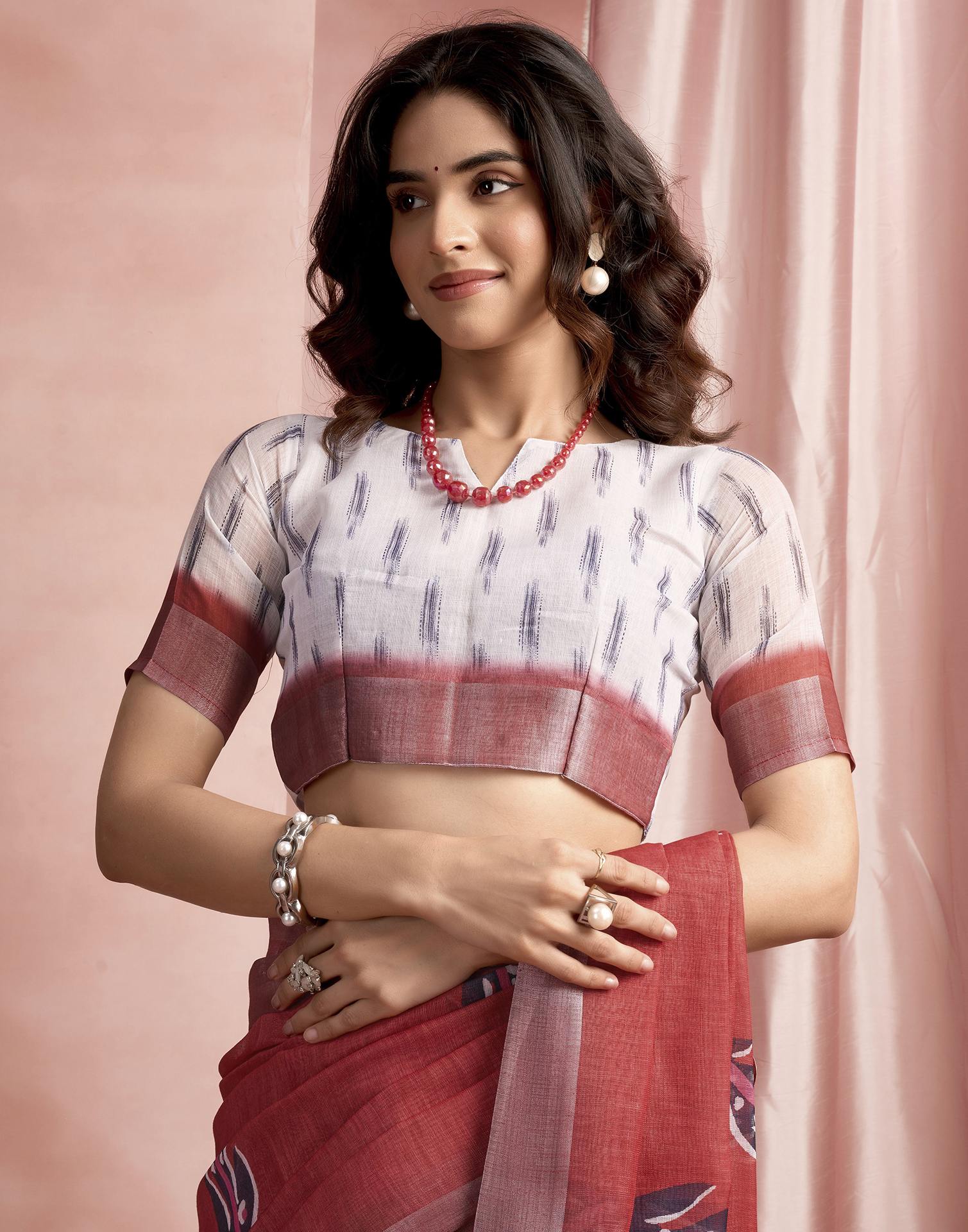 Red Cotton Linen Printed Saree - Image 8