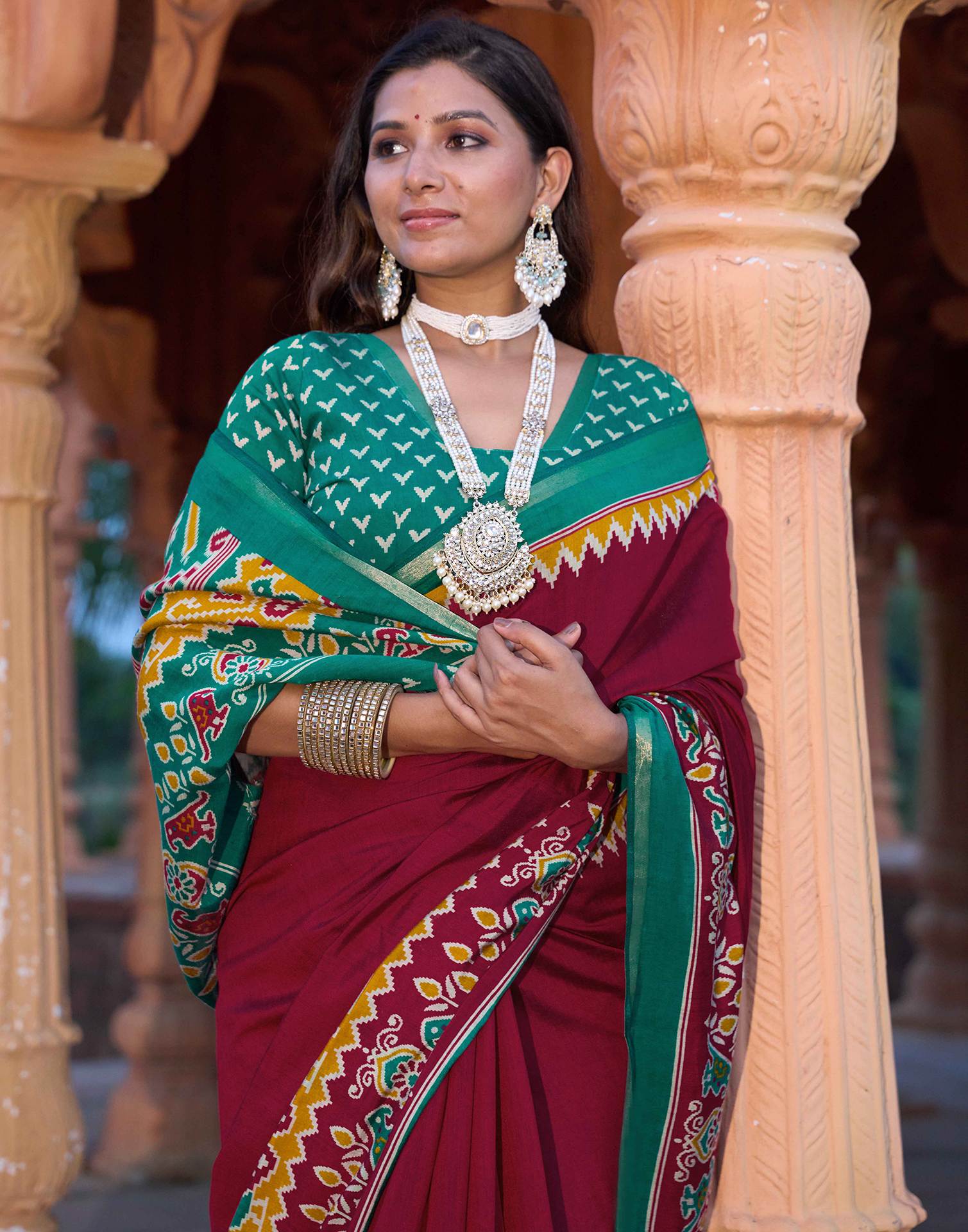 Red Cotton Printed Patola Saree - Image 2
