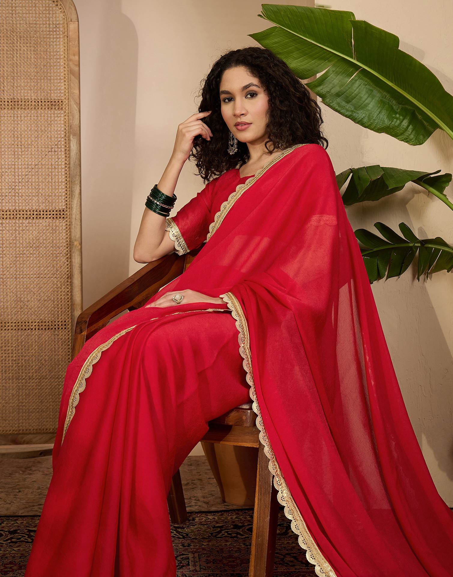 Red Crush Silk Lace Saree - Image 7