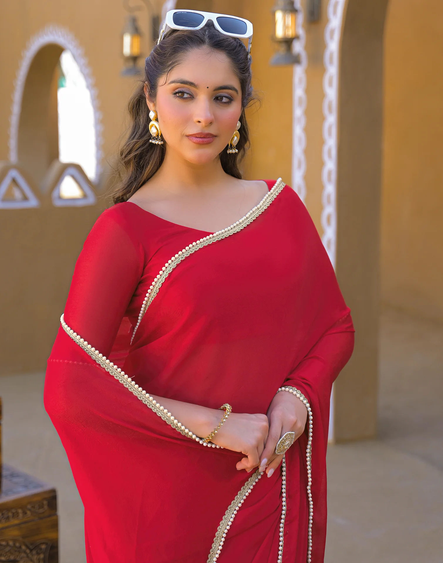 Red Crush Silk Pearl Lace Saree - Image 2