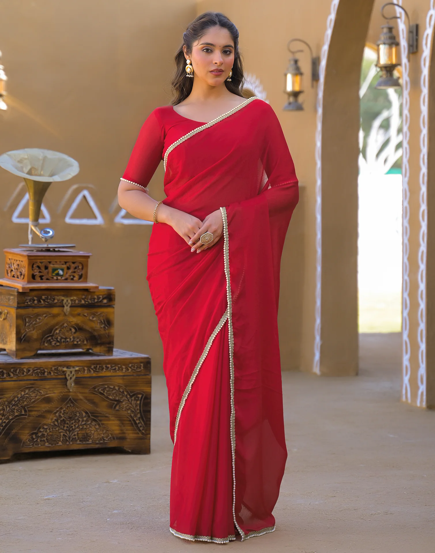 Red Crush Silk Pearl Lace Saree - Image 4