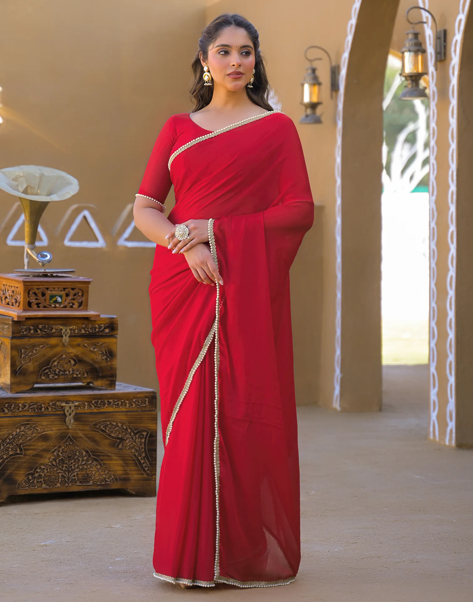 Red Crush Silk Pearl Lace Saree - Image 5
