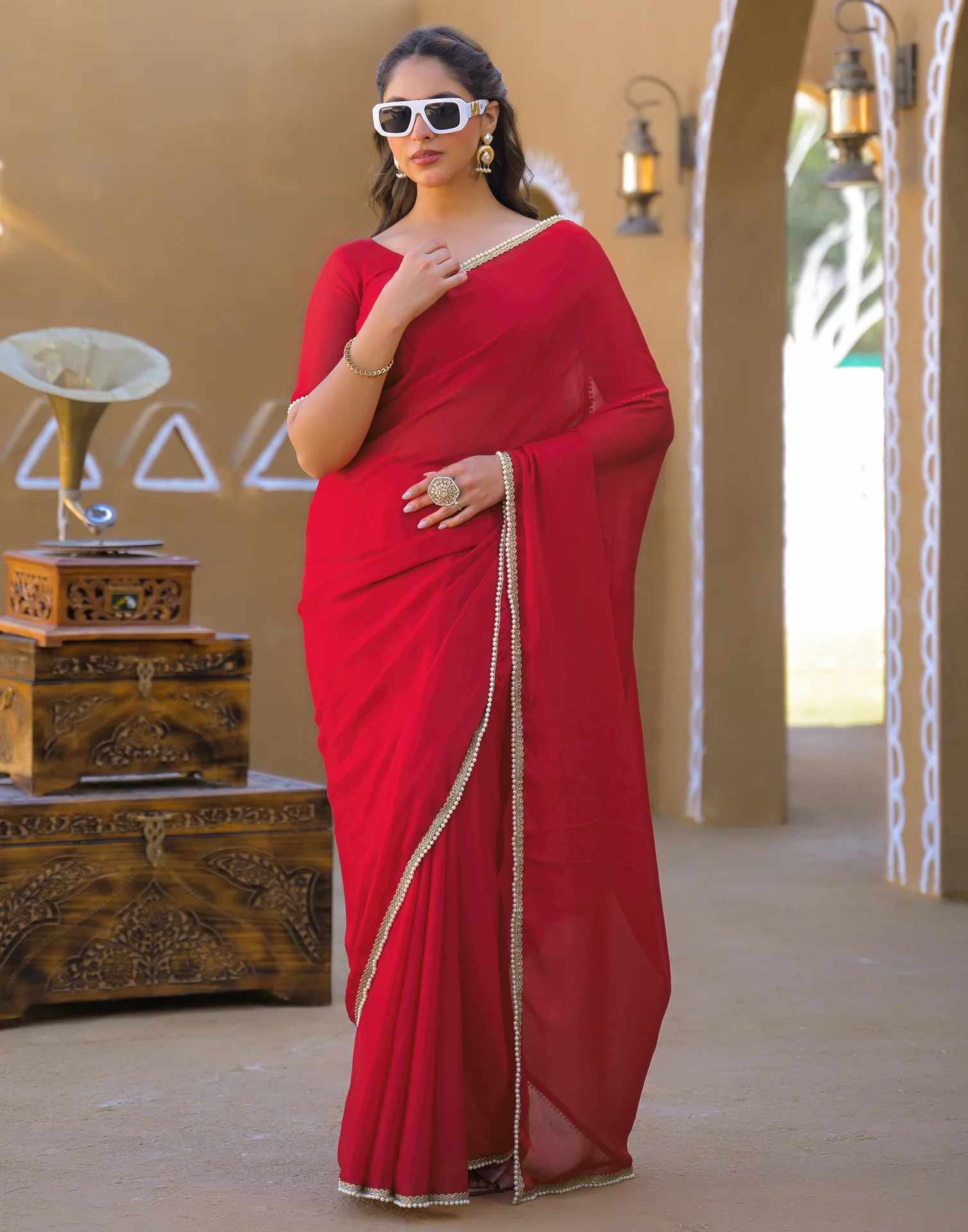 Red Crush Silk Pearl Lace Saree - Image 6