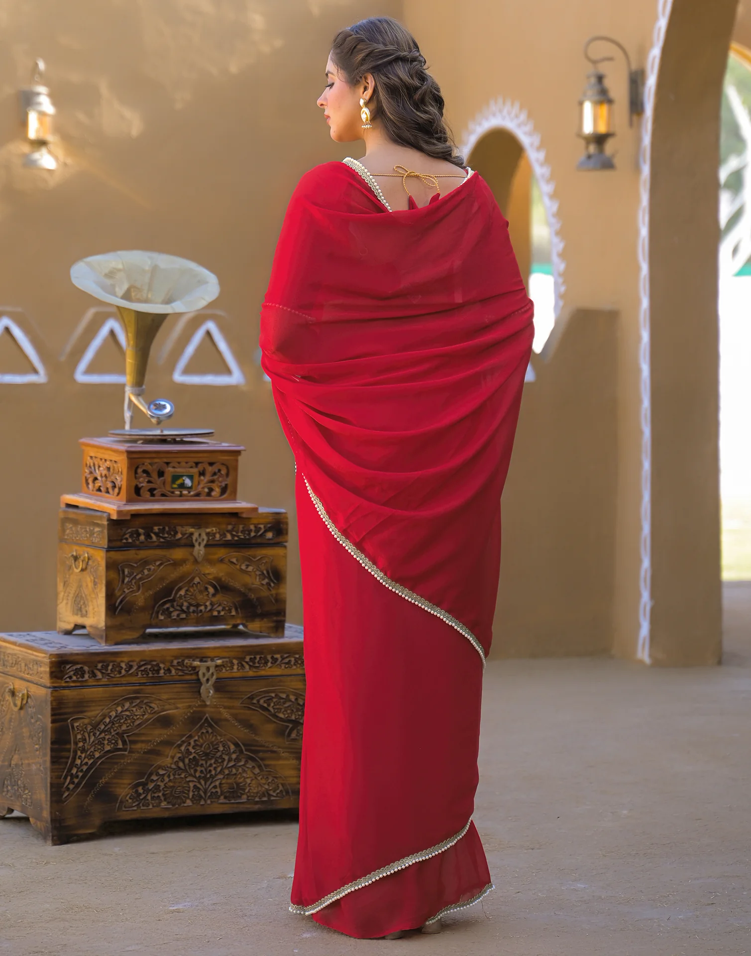 Red Crush Silk Pearl Lace Saree - Image 7
