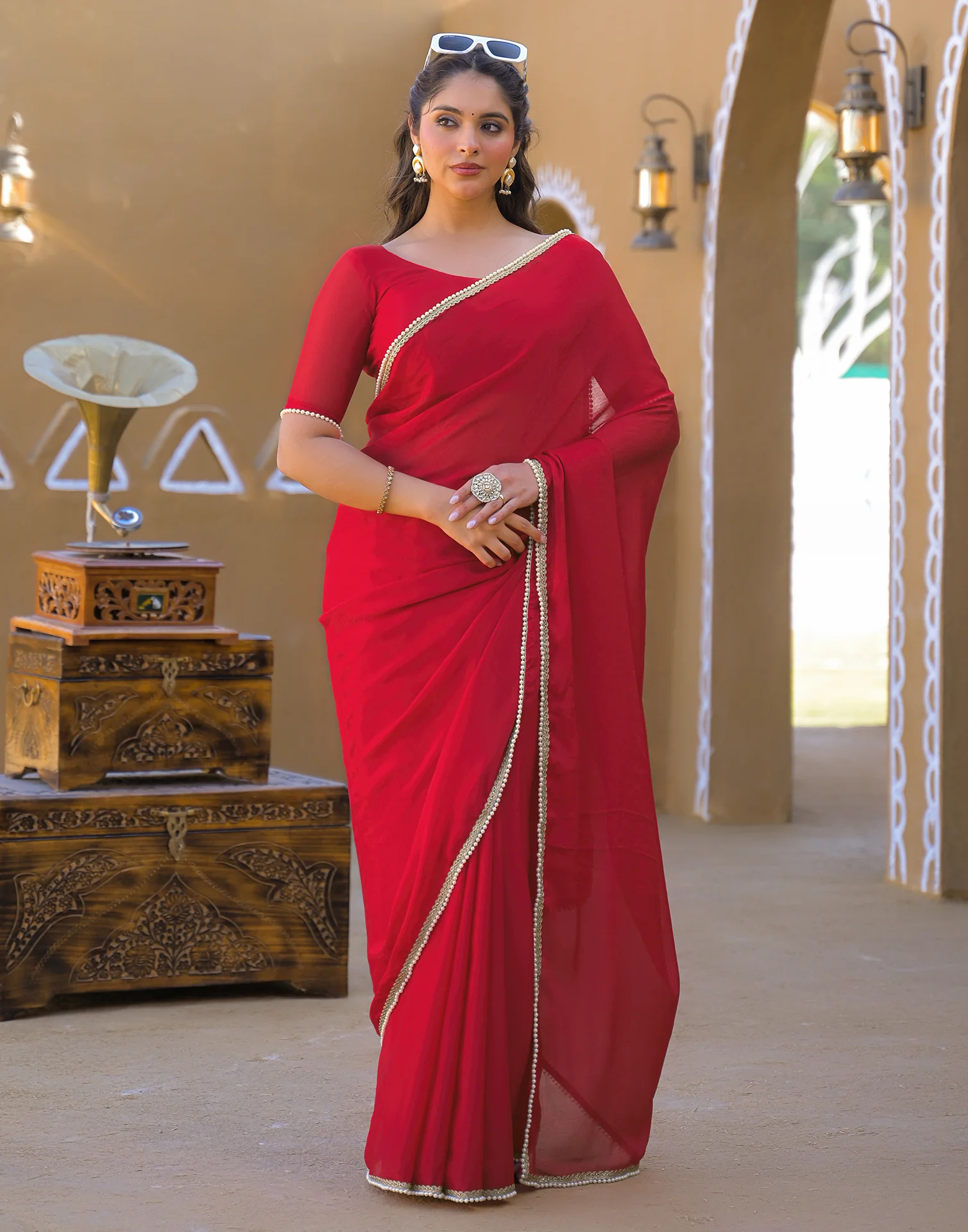 Red Crush Silk Pearl Lace Saree - Image 8