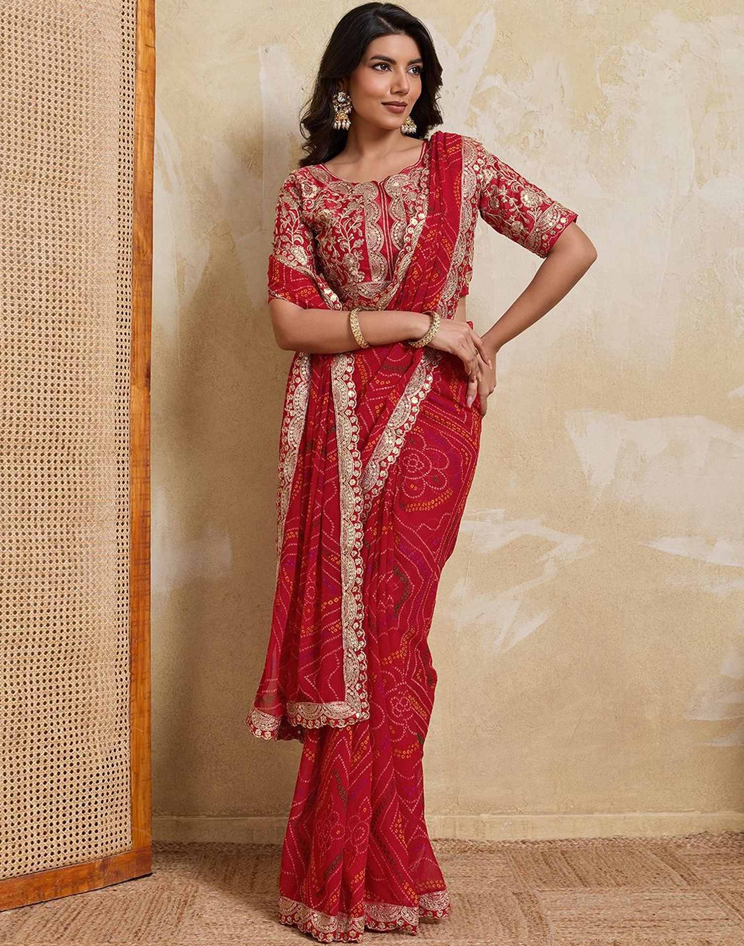 Red Georgette Bandhani Printed SareeĀ - Image 5