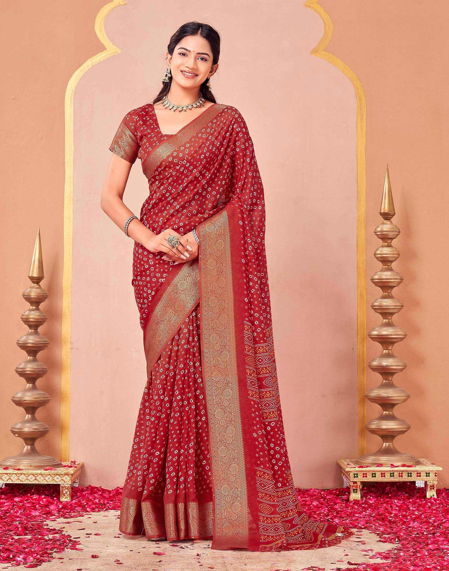 Red Georgette Bandhani Printed Saree