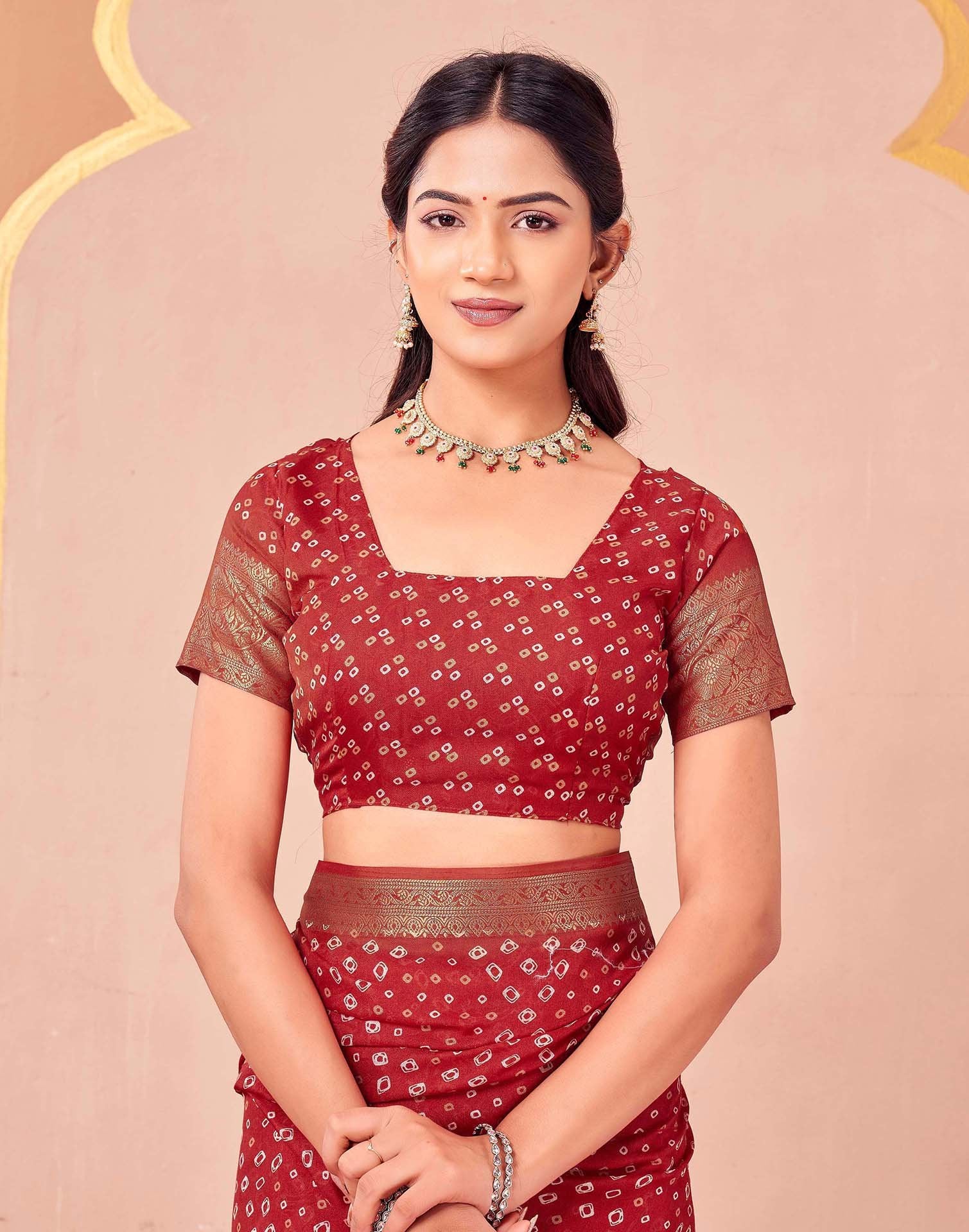 Red Georgette Bandhani Printed Saree - Image 8