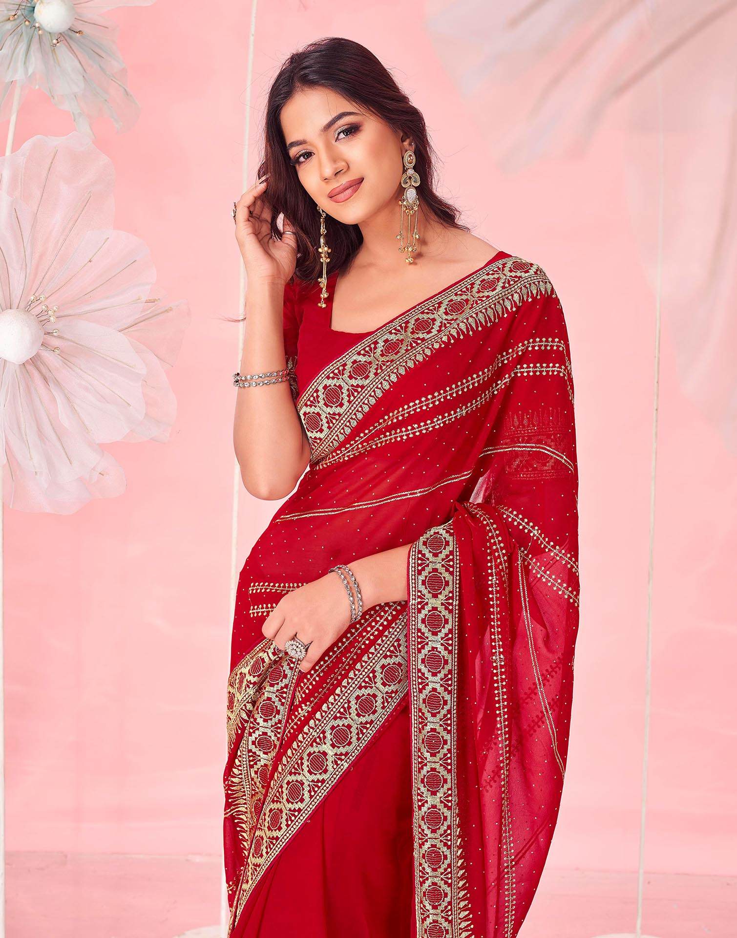 Red Valentine's Georgette Embroidery Saree
