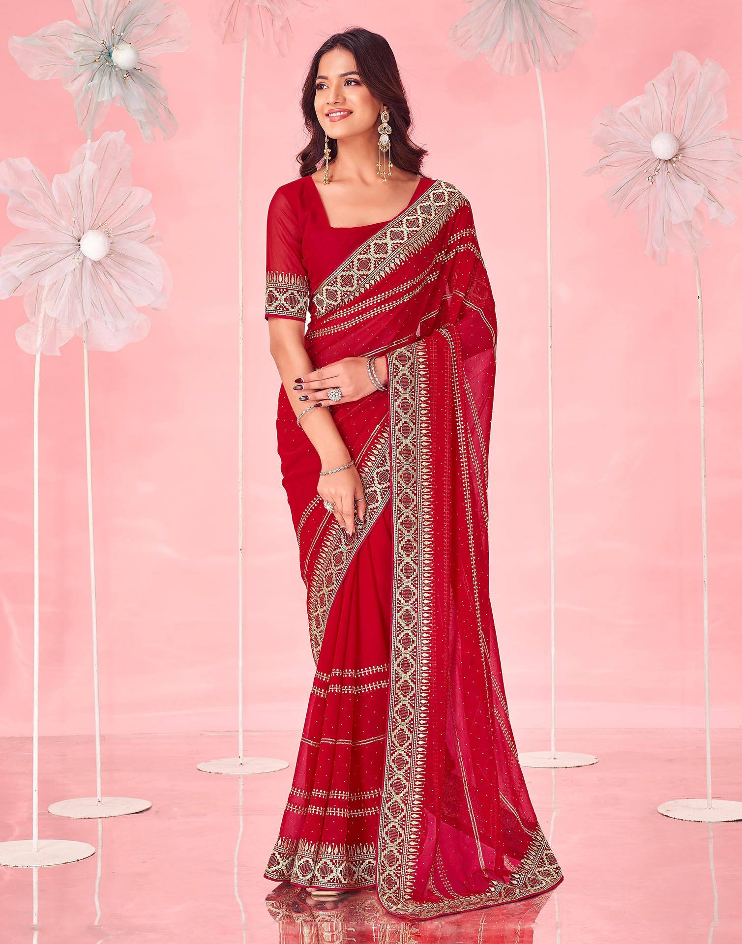 Red Valentine's Georgette Embroidery Saree - Image 2