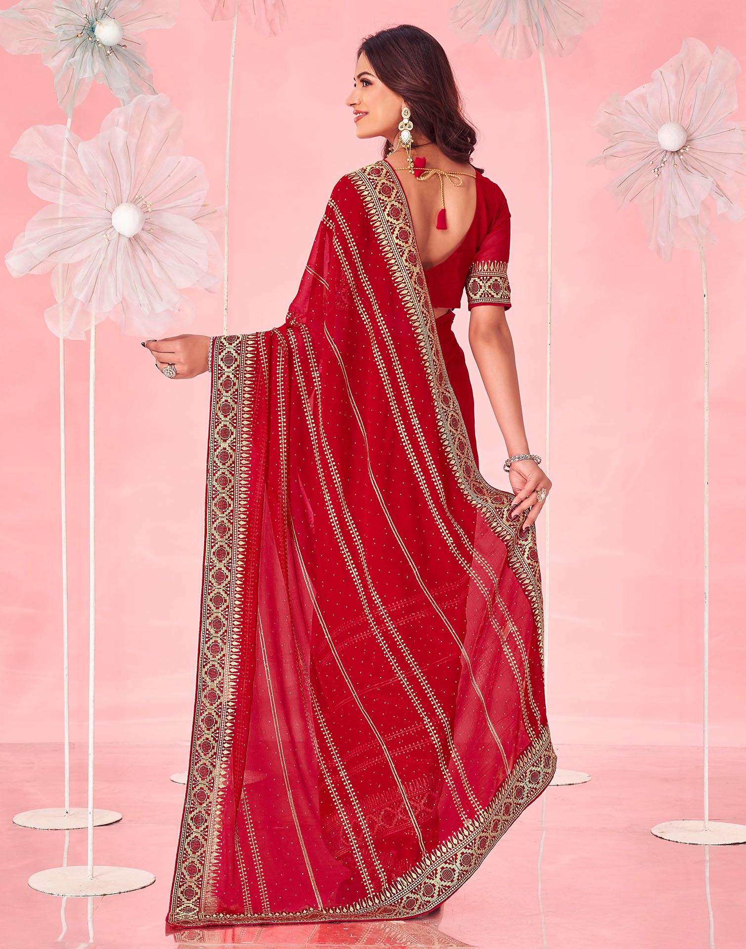 Red Valentine's Georgette Embroidery Saree - Image 3