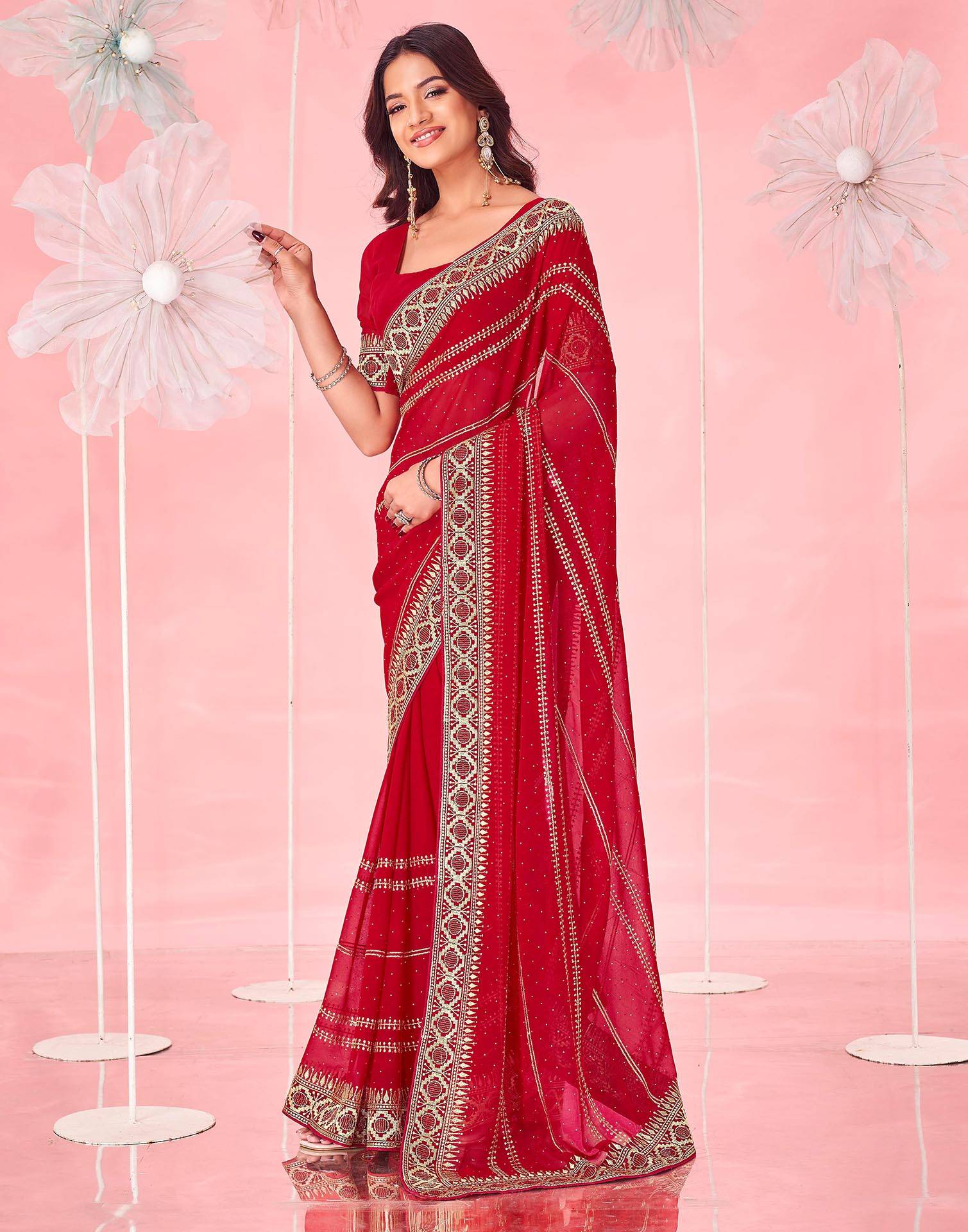 Red Valentine's Georgette Embroidery Saree - Image 5