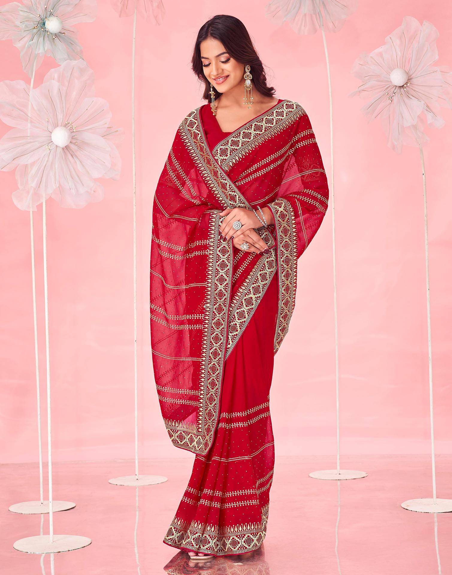 Red Valentine's Georgette Embroidery Saree - Image 6