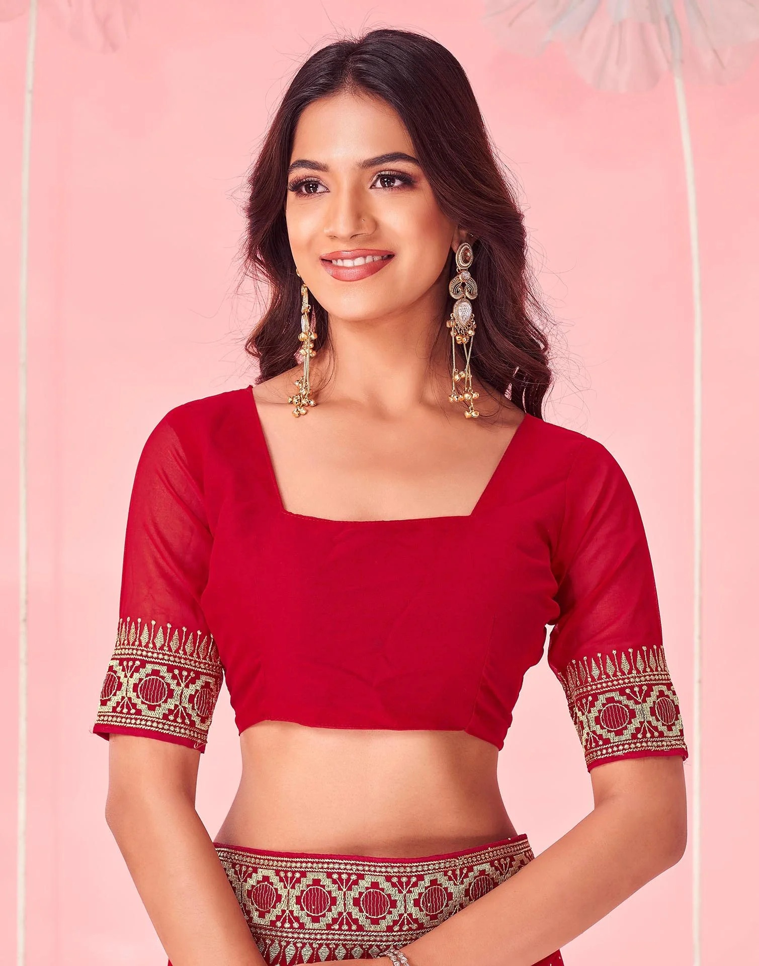 Red Valentine's Georgette Embroidery Saree - Image 7
