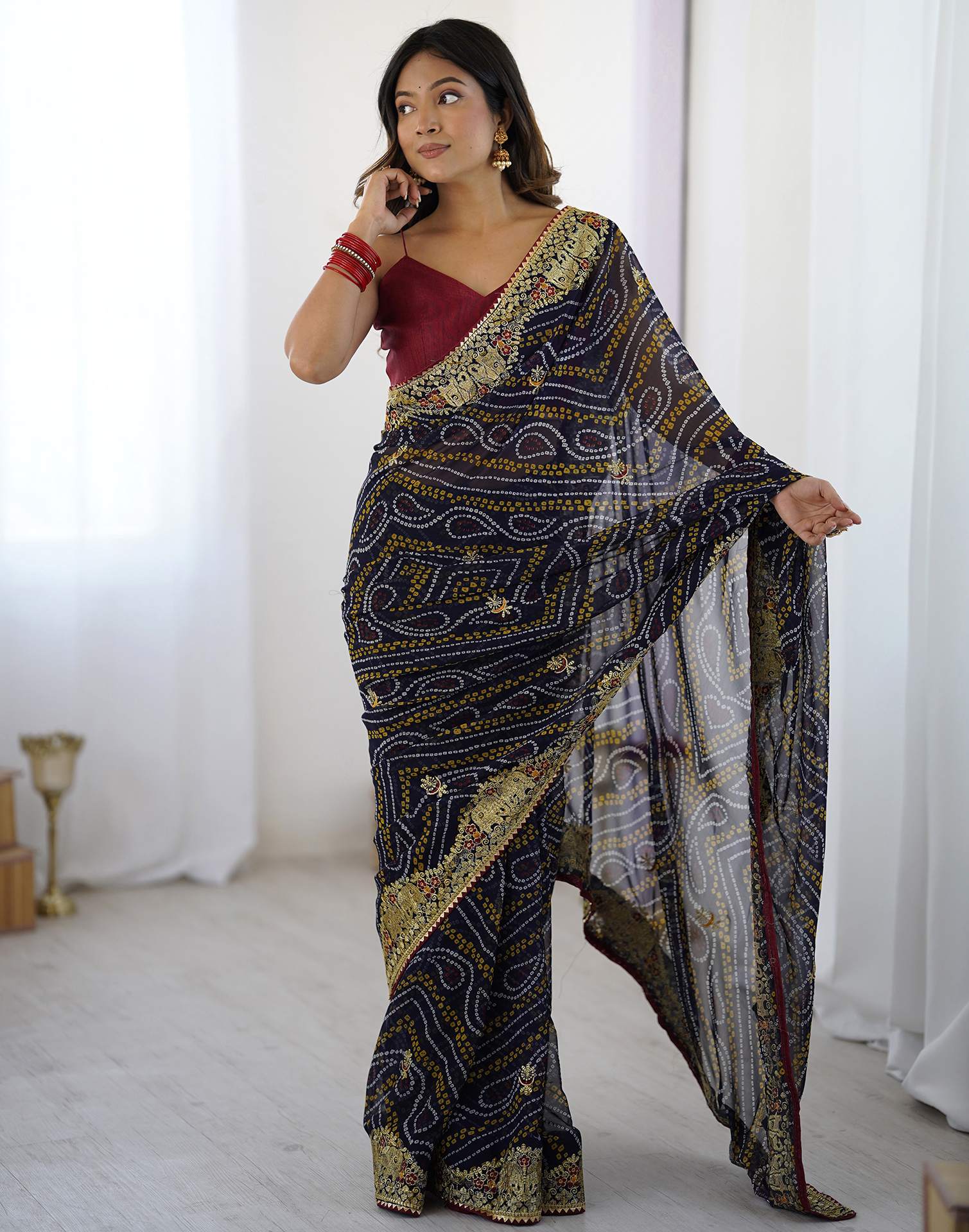 Black Georgette Lace Bandhani Saree - Image 6