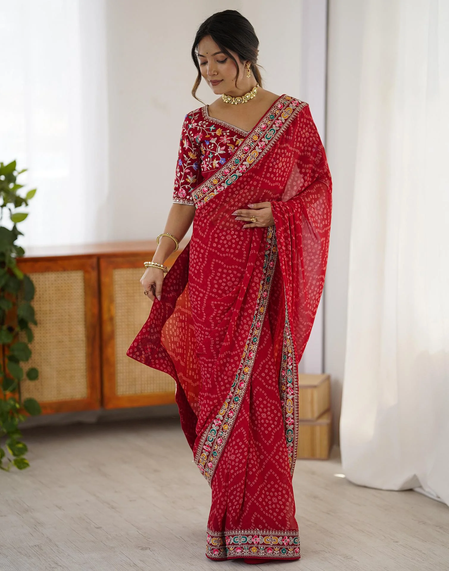 Red Georgette Printed Bandhani Saree - Image 5