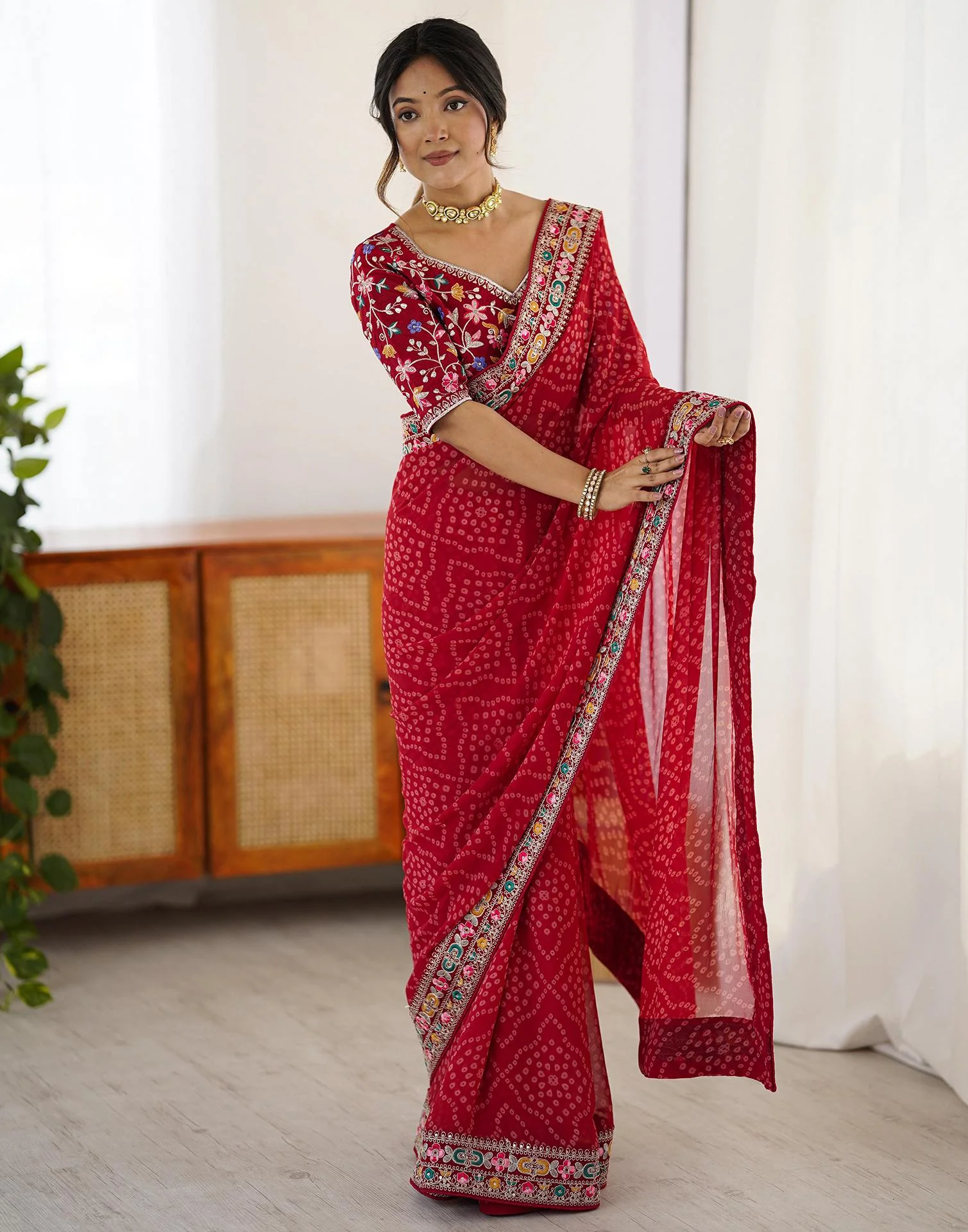 Red Georgette Printed Bandhani Saree - Image 6