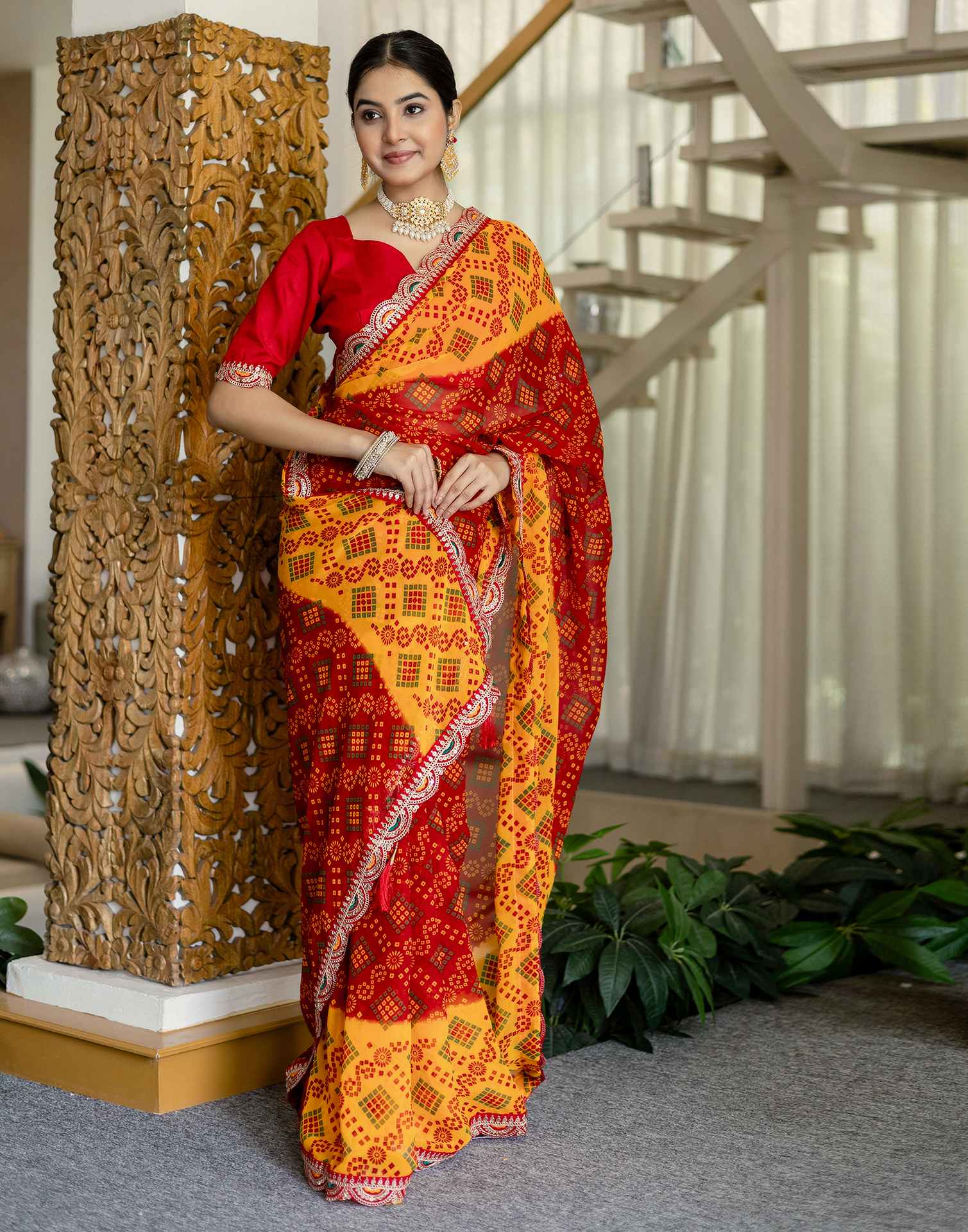 Red Georgette Printed Bandhani Saree - Image 4