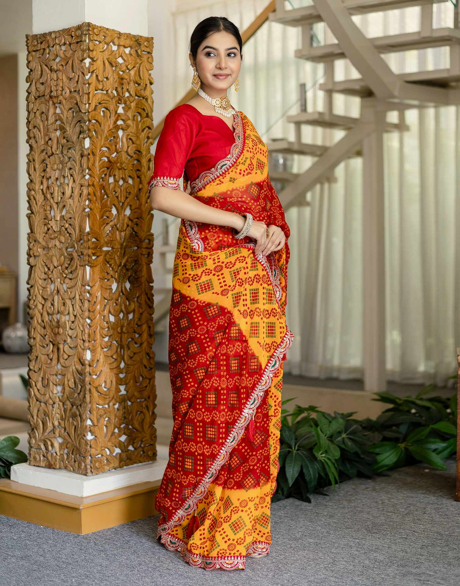 Red Georgette Printed Bandhani Saree - Image 5