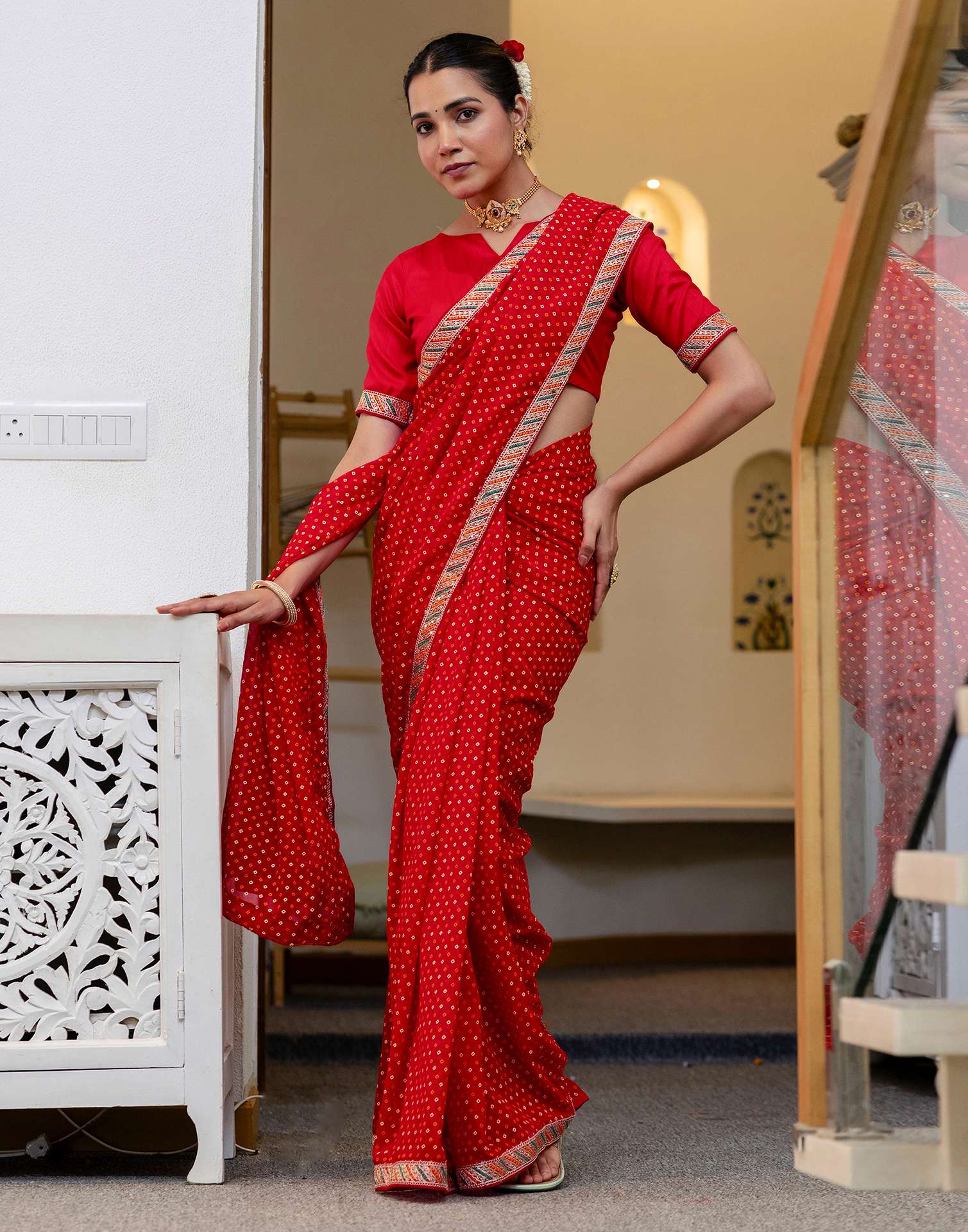Red Georgette Printed Bandhani Saree - Image 5