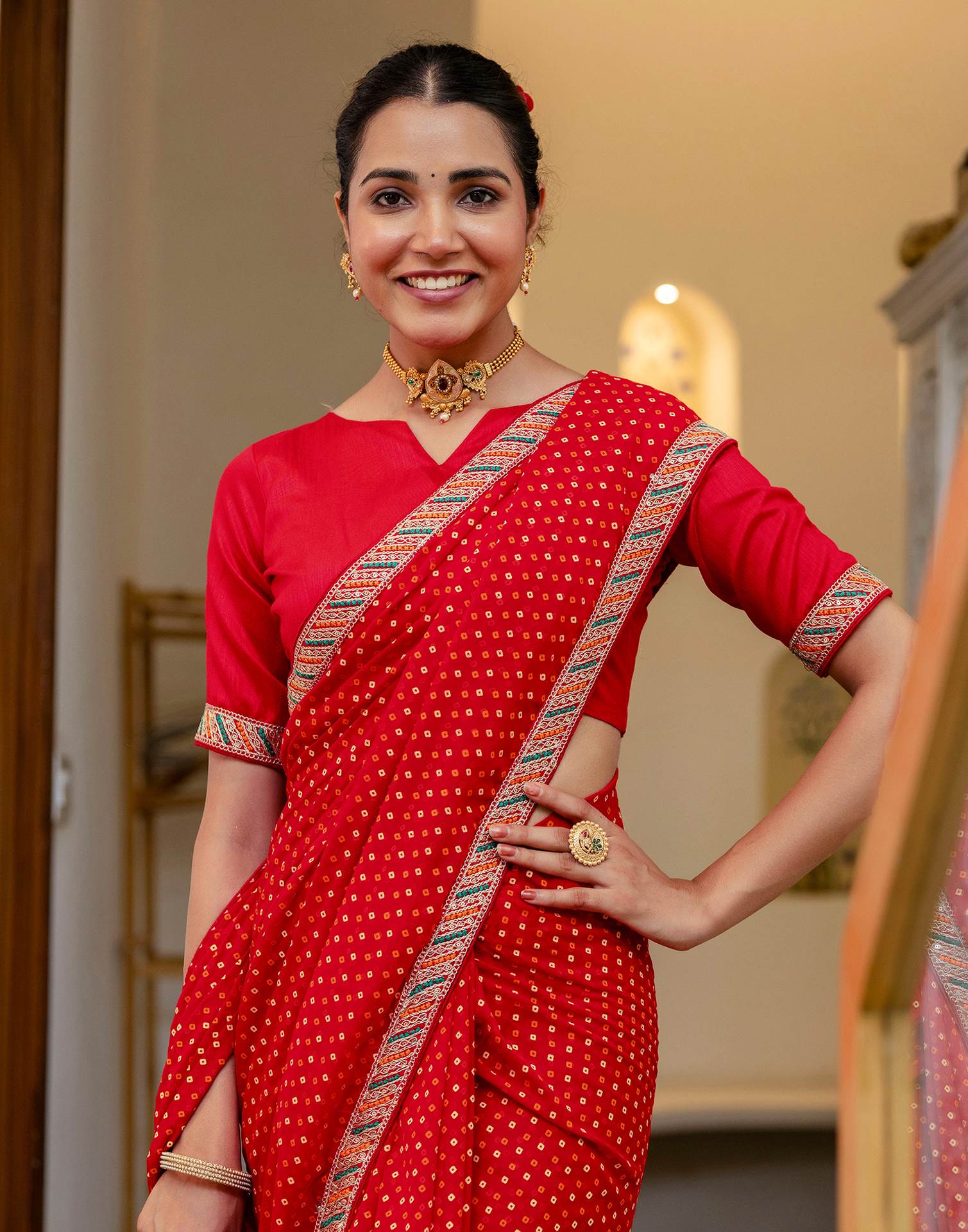 Red Georgette Printed Bandhani Saree - Image 7