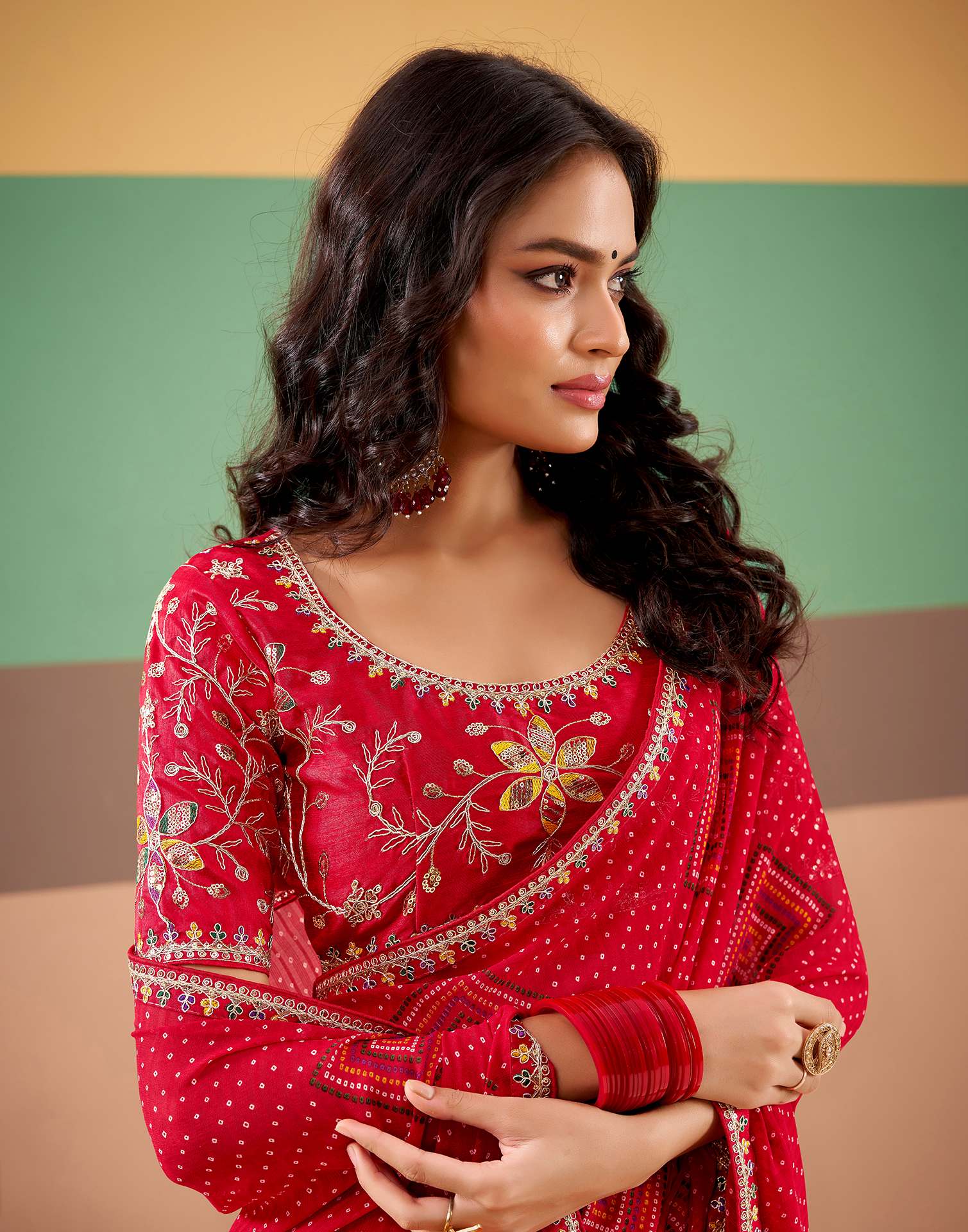 Red Georgette Printed Bandhani Saree - Image 2