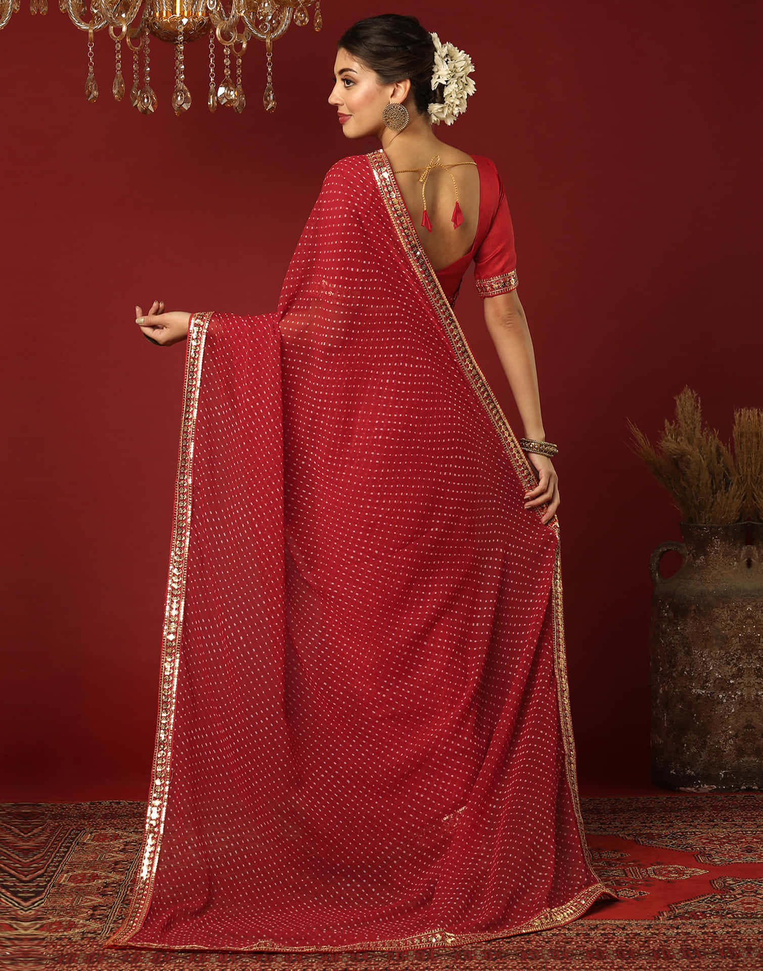 Red Georgette Printed Laheriya Saree - Image 5