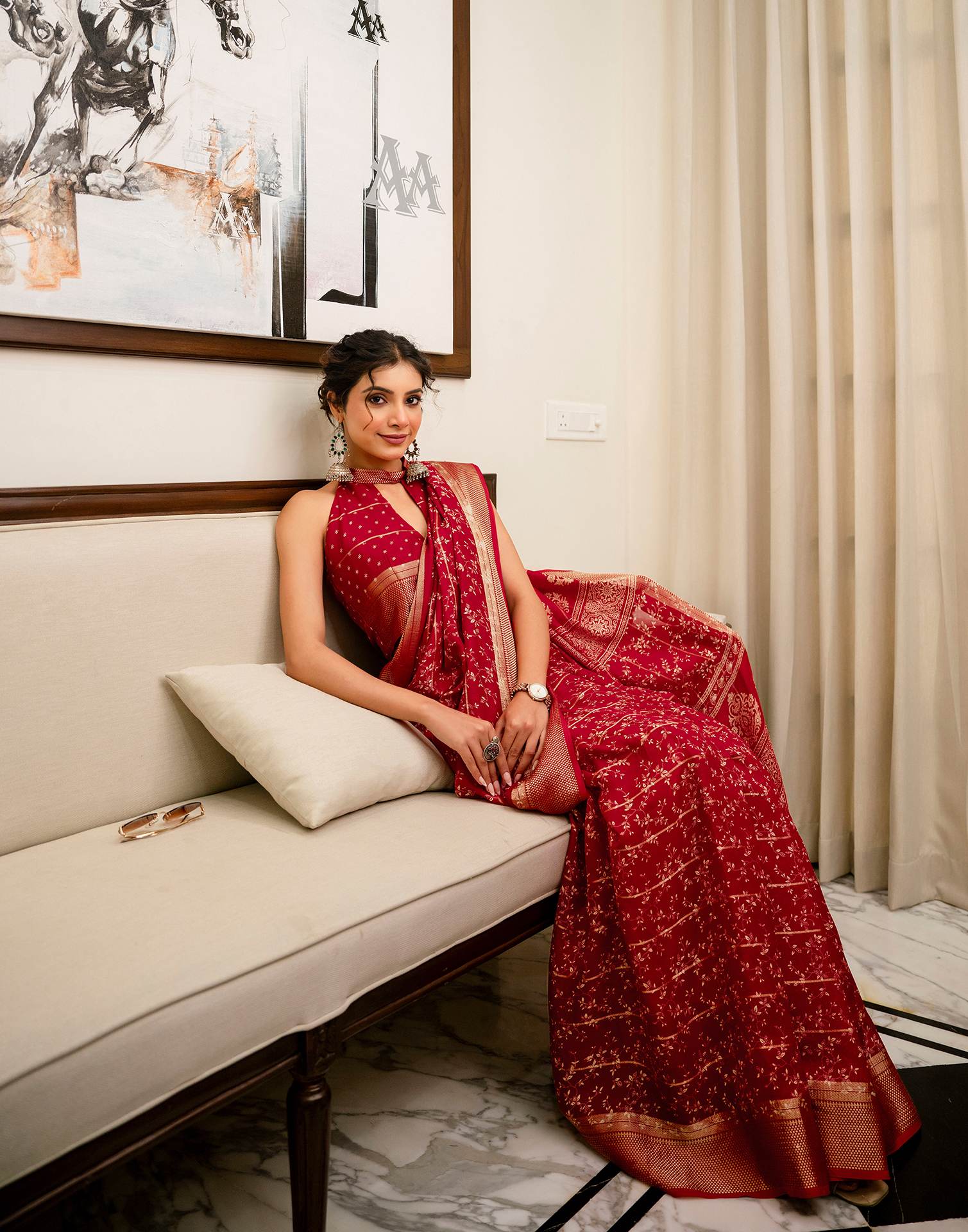 Red Georgette Printed Zari Stripe SareeĀ - Image 9