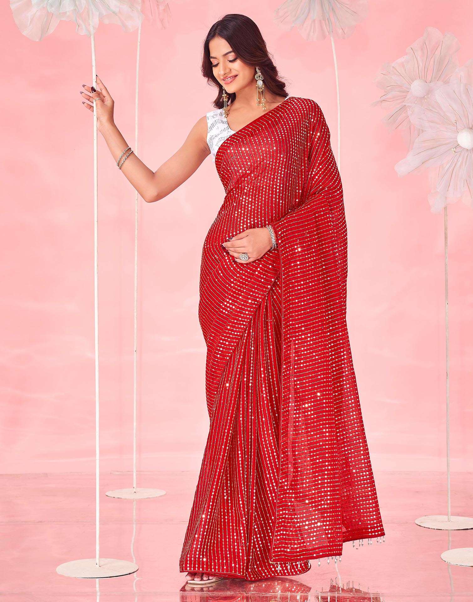 Red Valentine's Georgette Sequence Embroidery Saree - Image 2