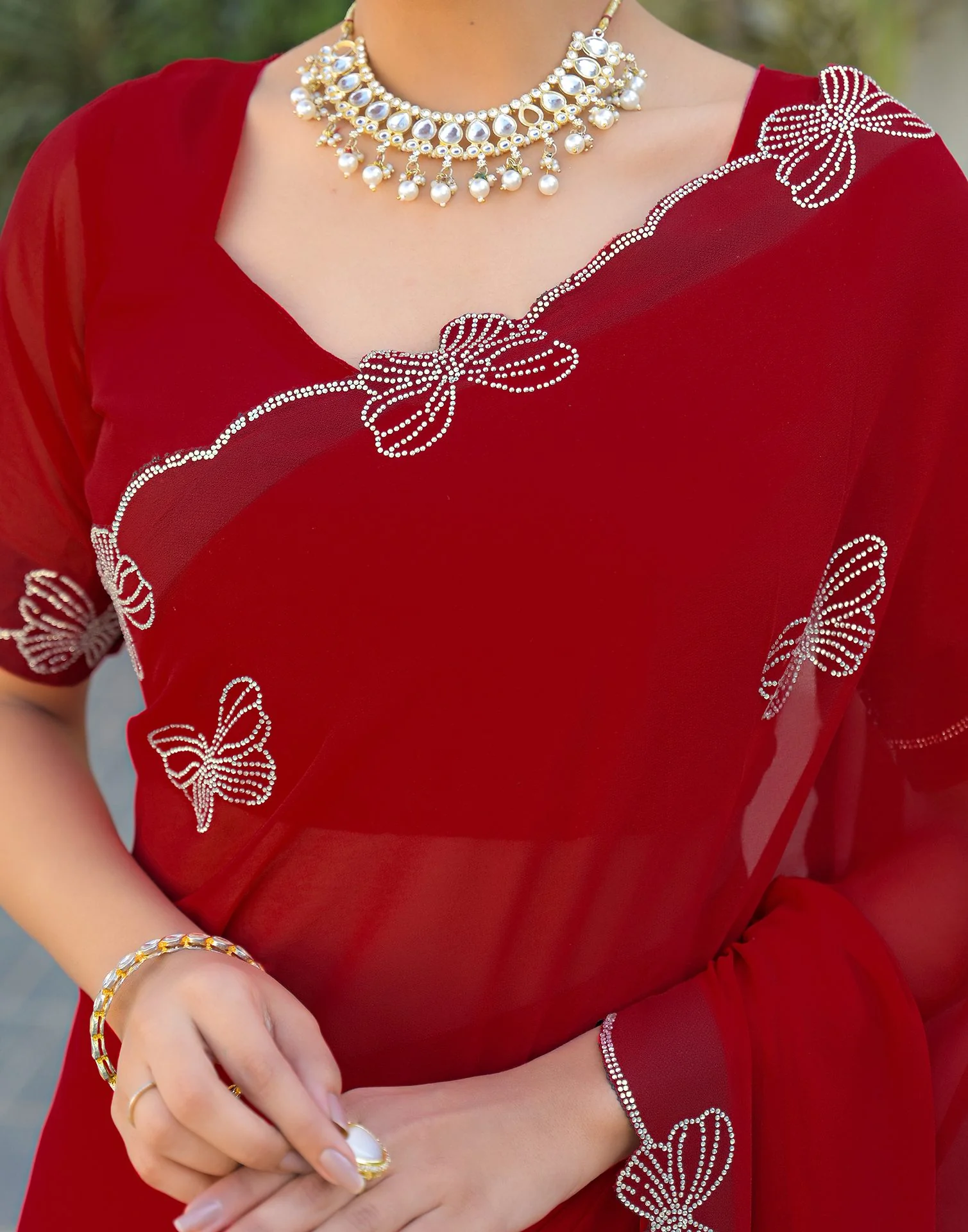 Red Georgette Stone Work Swarovski saree - Image 11