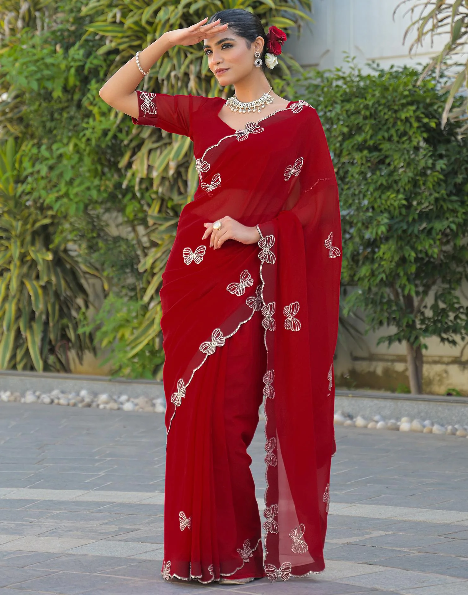 Red Georgette Stone Work Swarovski saree - Image 4