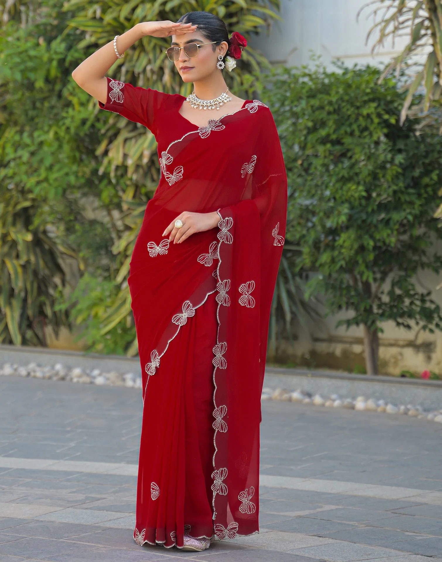 Red Georgette Stone Work Swarovski saree - Image 5