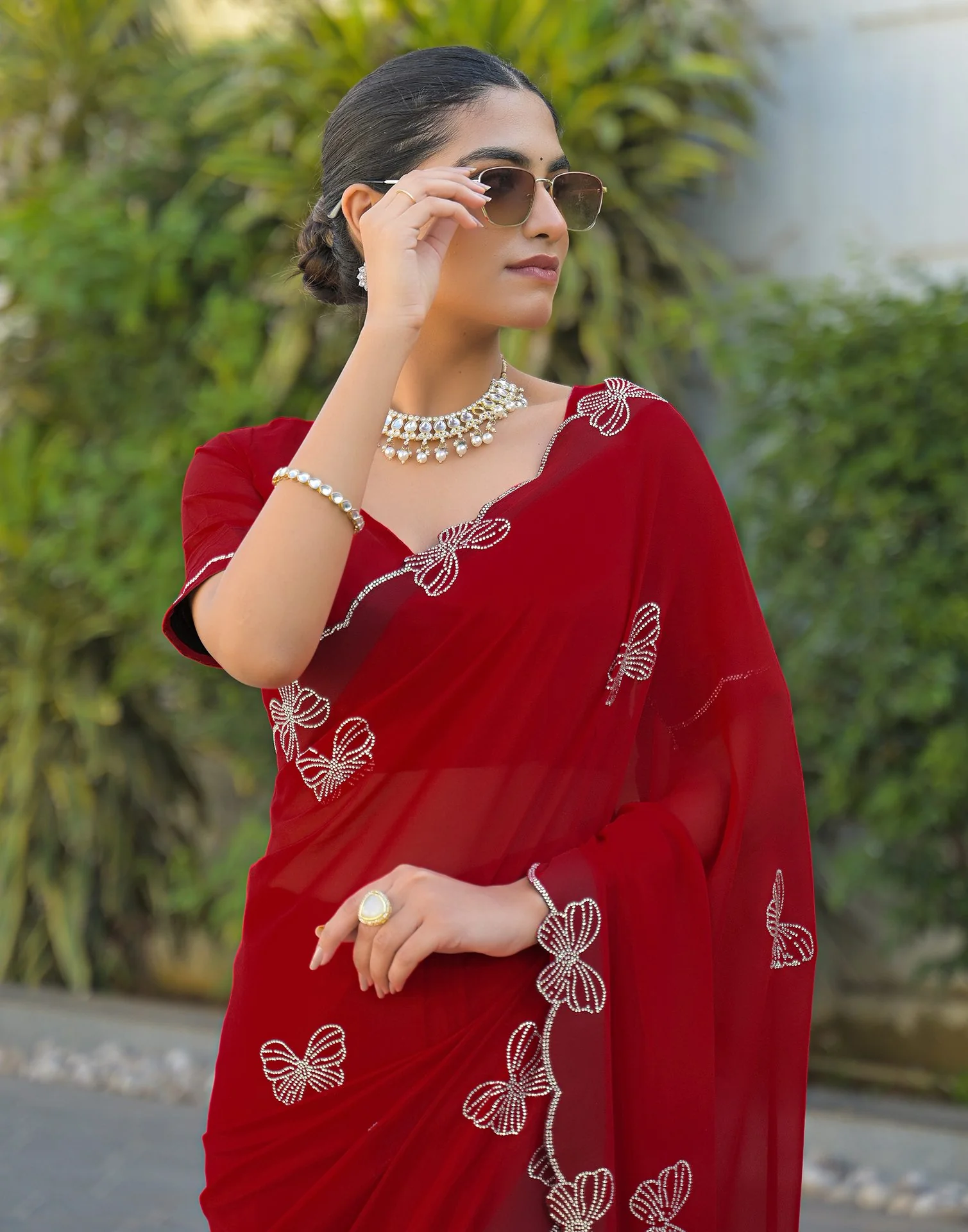 Red Georgette Stone Work Swarovski saree - Image 8