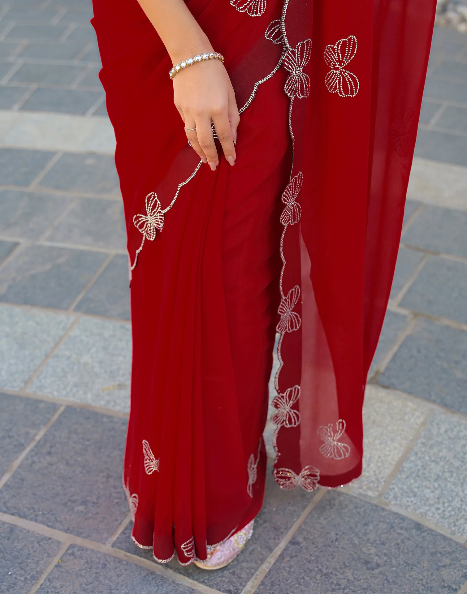 Red Georgette Stone Work Swarovski saree - Image 9