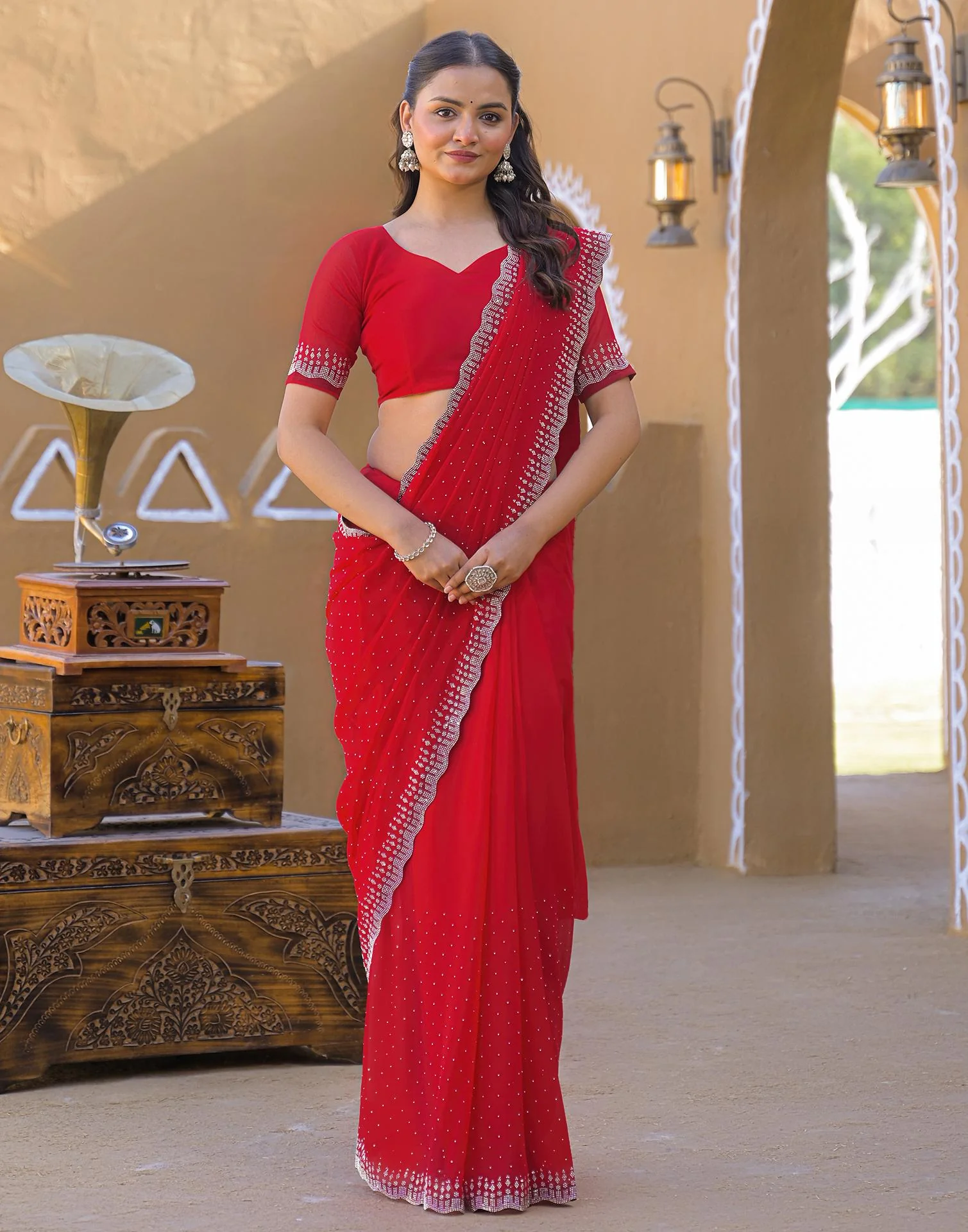 Red Georgette Stone Work Swarovski Saree
