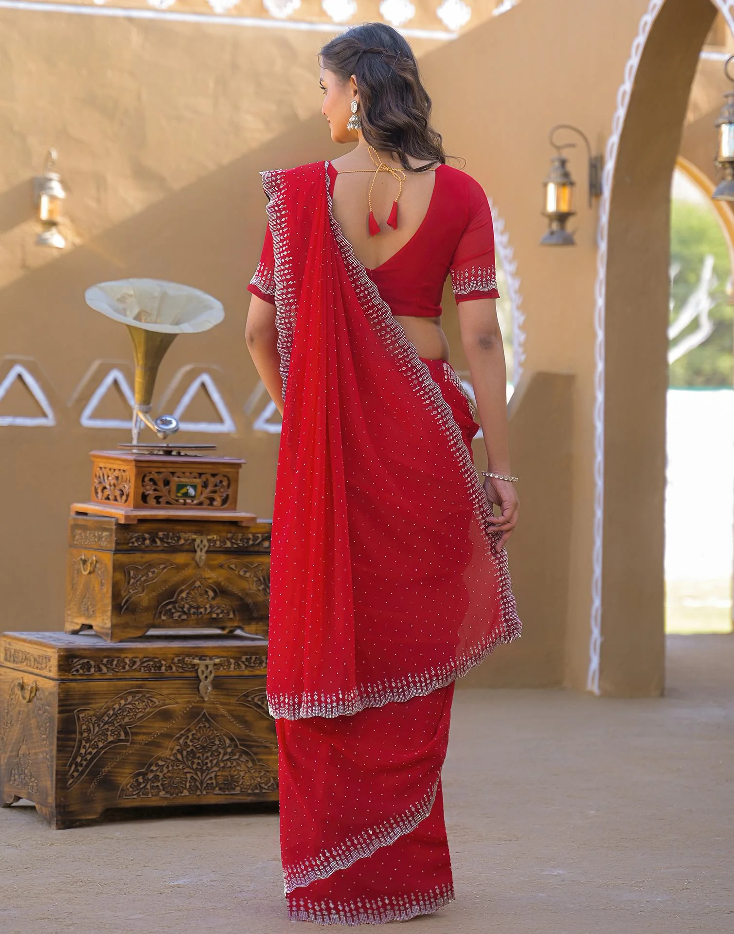Red Georgette Stone Work Swarovski Saree - Image 7