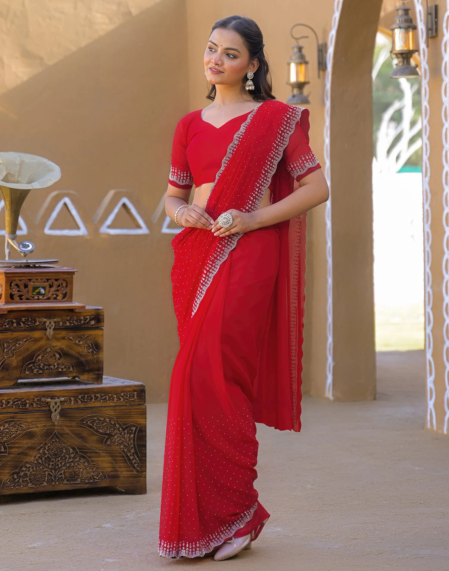 Red Georgette Stone Work Swarovski Saree - Image 8