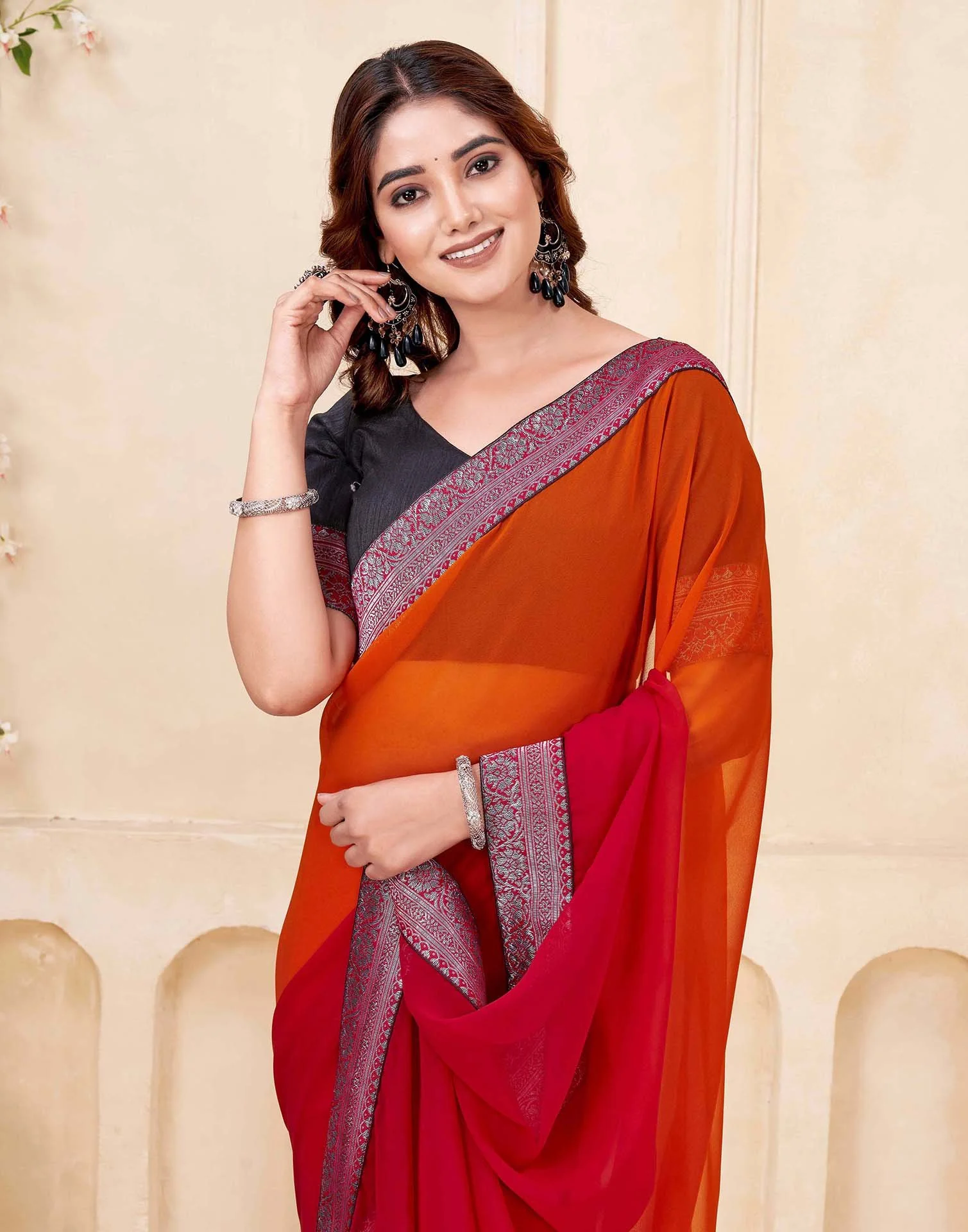 Red Georgette Woven Lace Saree - Image 2