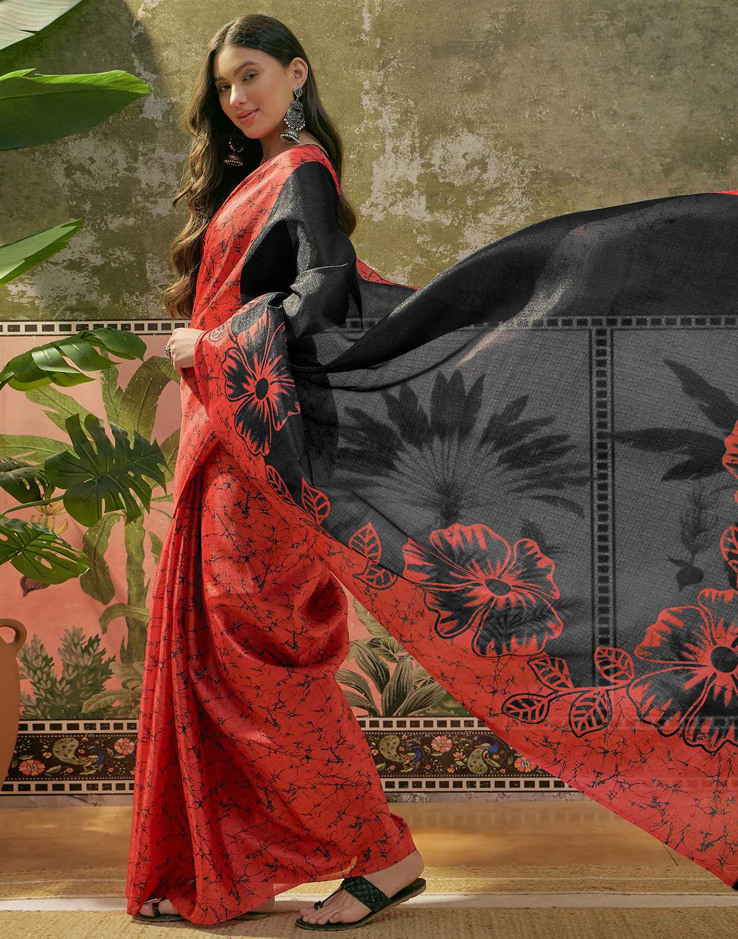 Red Khadi Floral Printed Saree - Image 4