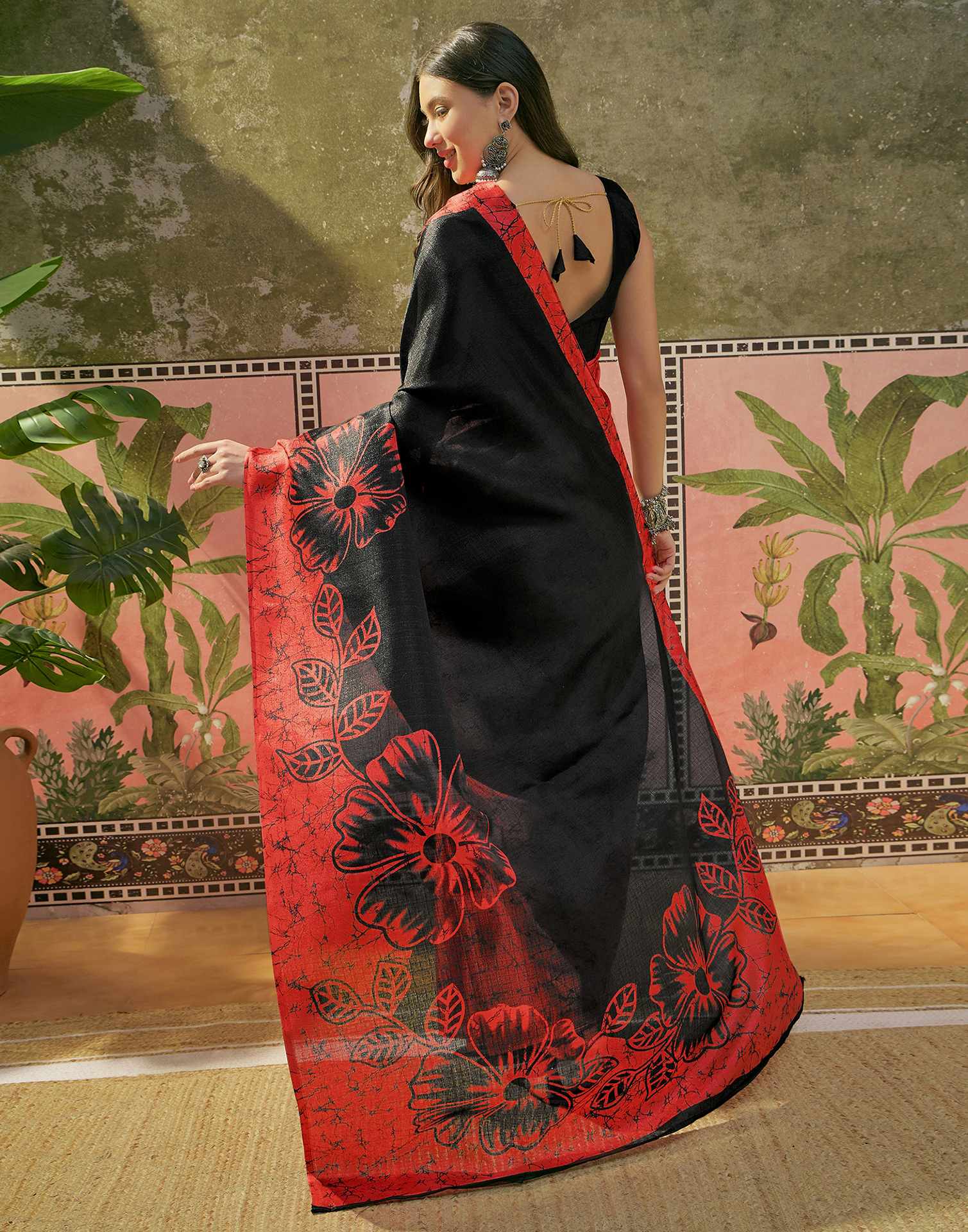 Red Khadi Floral Printed Saree - Image 6